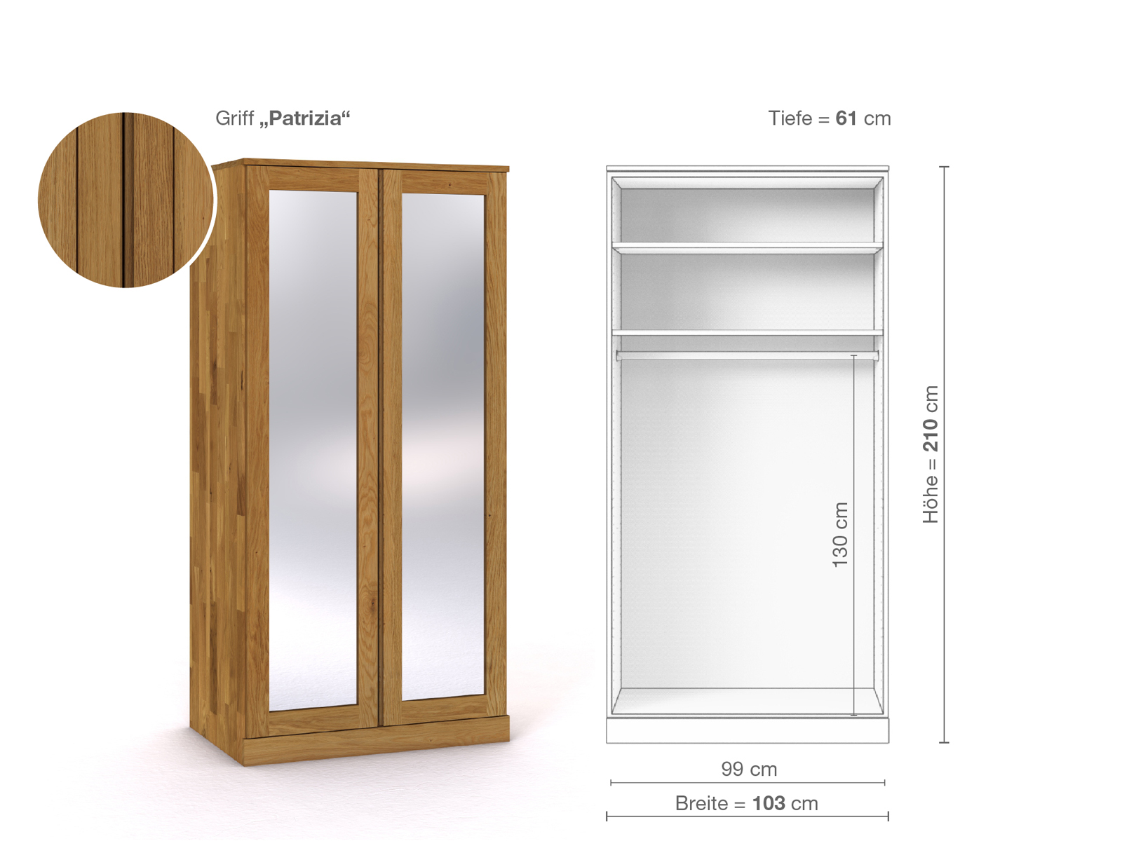 Eichenschrank „Alpenrose“, 2-türig, Höhe 210 cm, Griffausführung „Patrizia“, Inneneinrichtung A