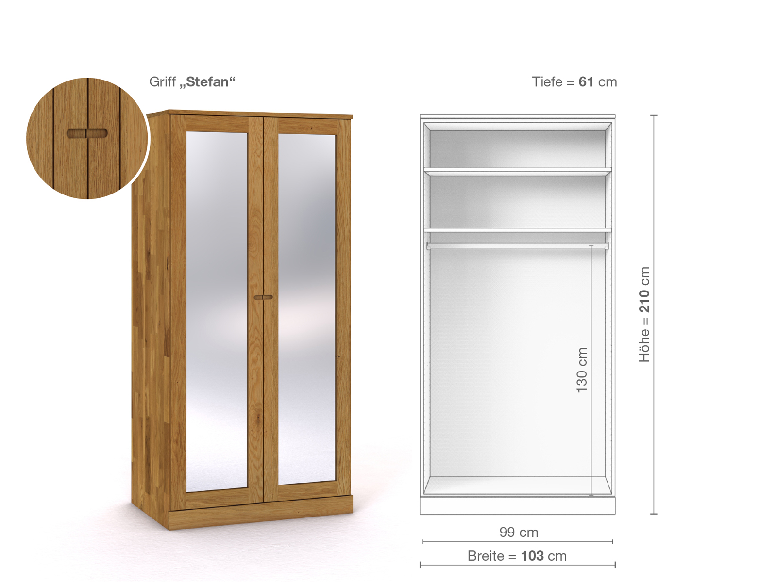 Eichenschrank „Alpenrose“, 2-türig, Höhe 210 cm, Griffausführung „Stefan“, Inneneinrichtung A