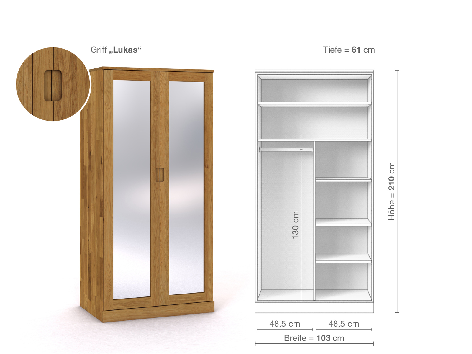 Eichenschrank „Alpenrose“, 2-türig, Höhe 210 cm, Griffausführung „Lukas“, Inneneinrichtung B