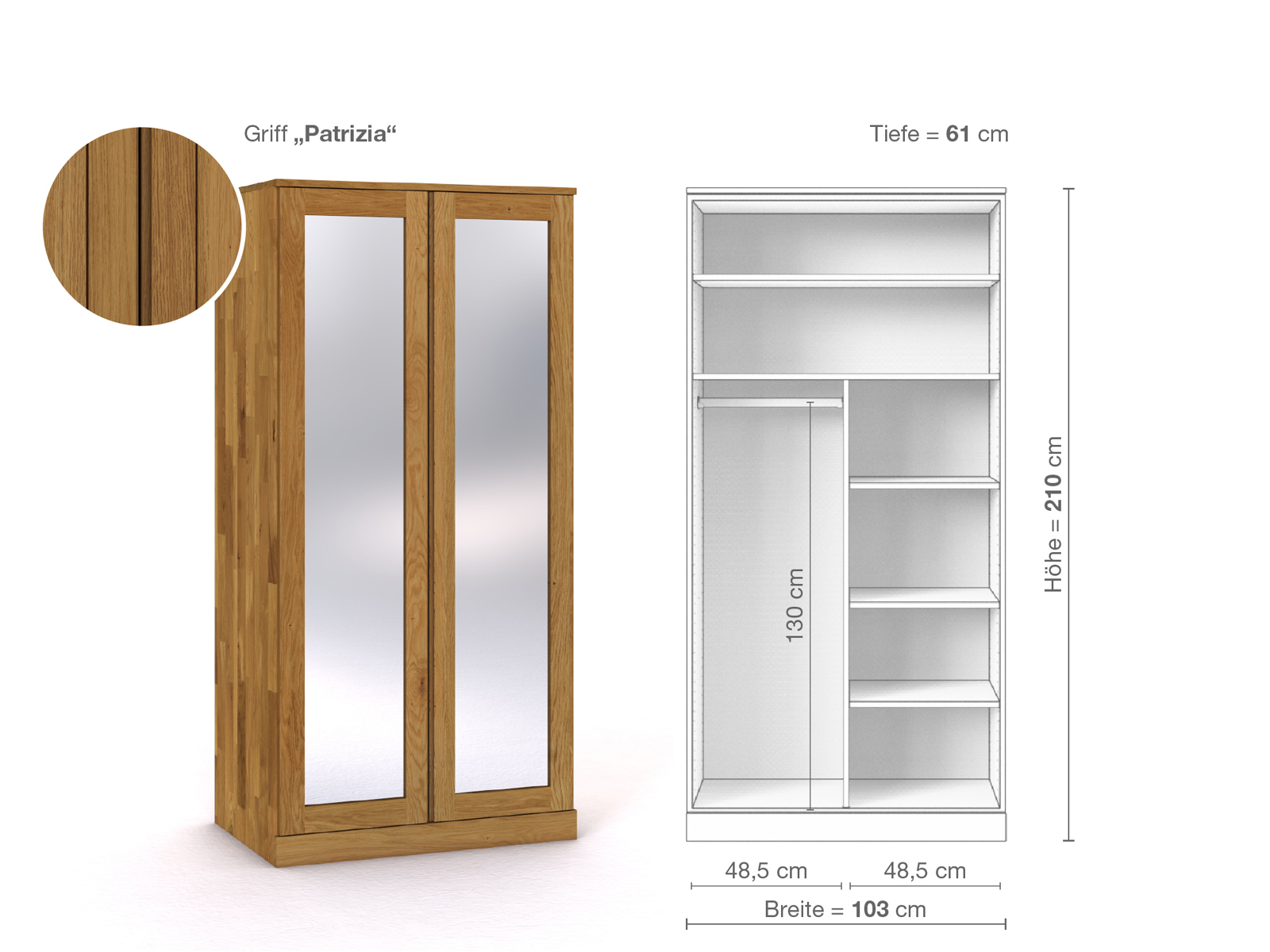 Eichenschrank „Alpenrose“, 2-türig, Höhe 210 cm, Griffausführung „Patrizia“, Inneneinrichtung B