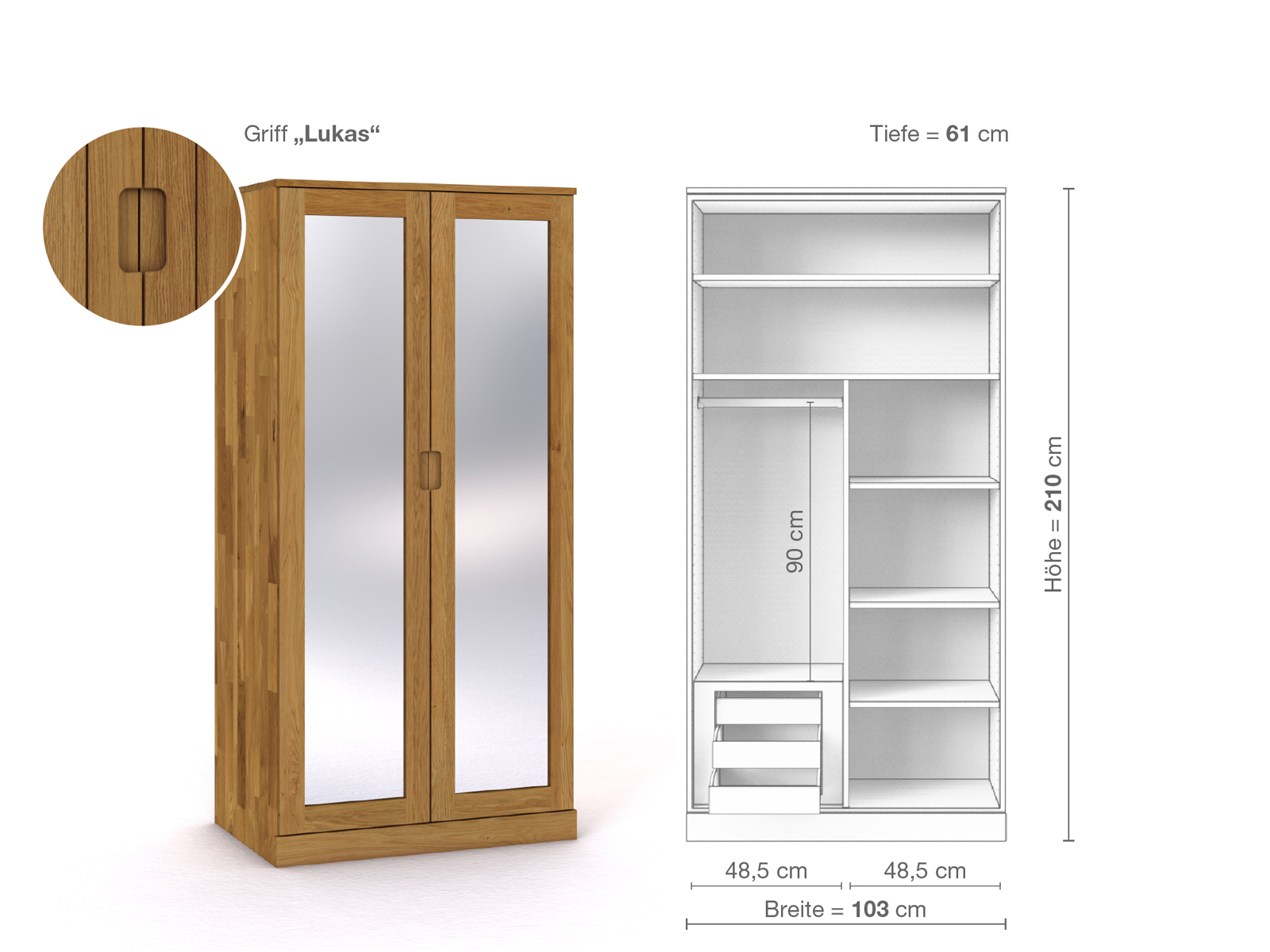 Eichenschrank „Alpenrose“, 2-türig, Höhe 210 cm, Griffausführung „Lukas“, Inneneinrichtung C