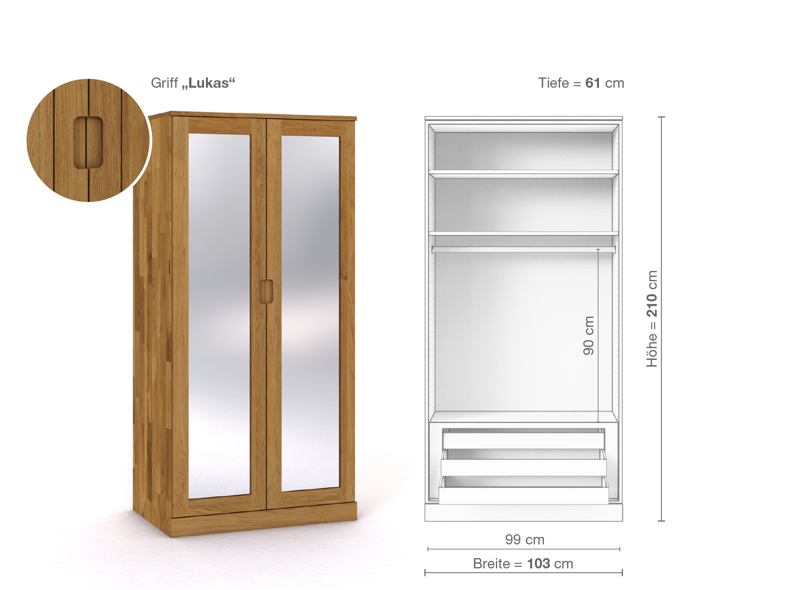 Eichenschrank „Alpenrose“, 2-türig, Höhe 210 cm, Griffausführung „Lukas“, Inneneinrichtung D