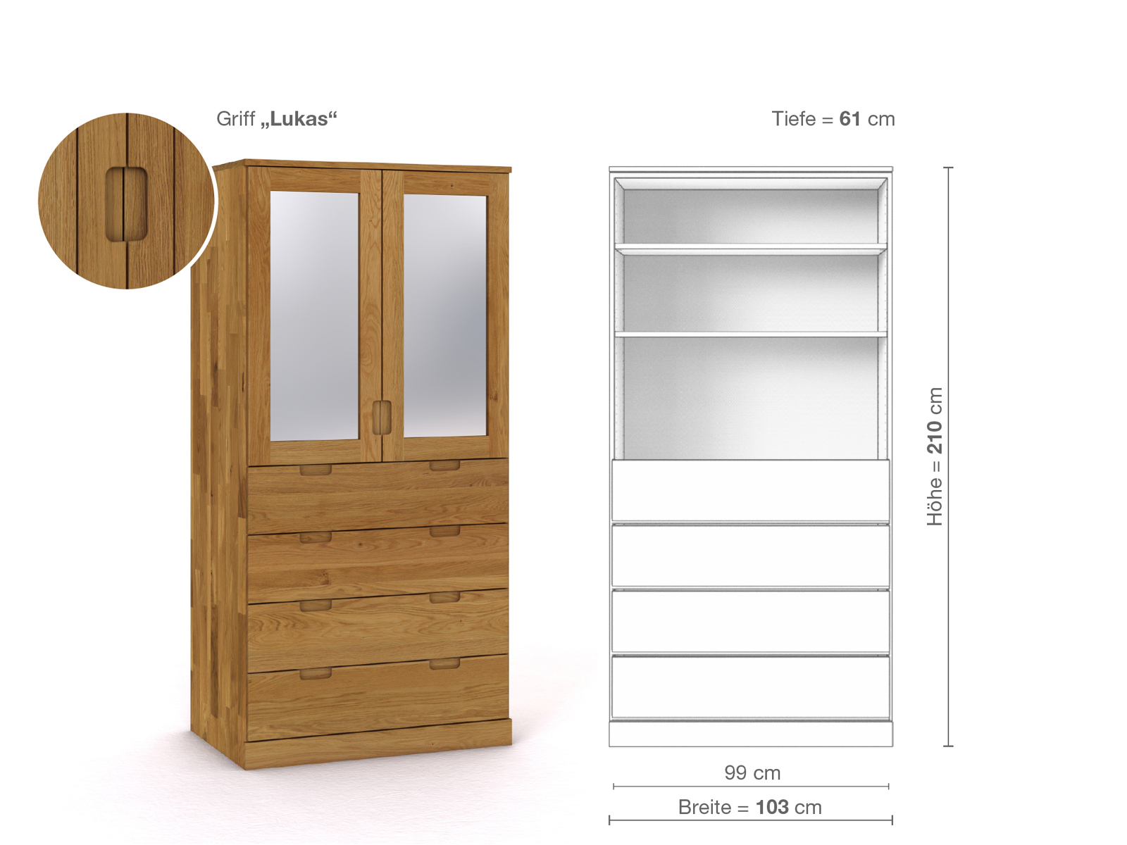 Eichenschrank „Alpenrose“, 2-türig, Höhe 210 cm, Griffausführung „Lukas“, Inneneinrichtung E