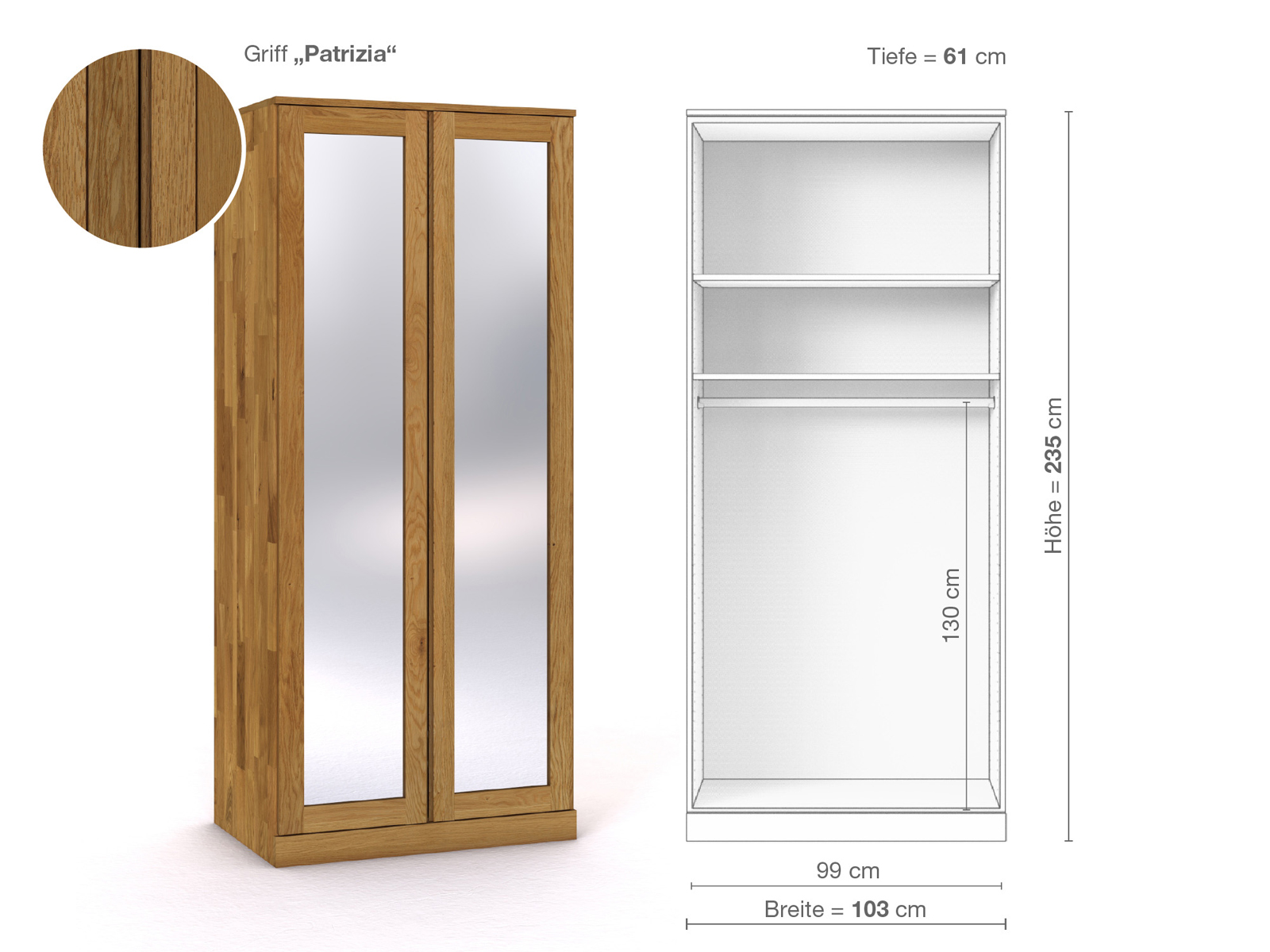 Eichenschrank „Alpenrose“, 2-türig, Höhe 235 cm, Griffausführung „Patrizia“, Inneneinrichtung A