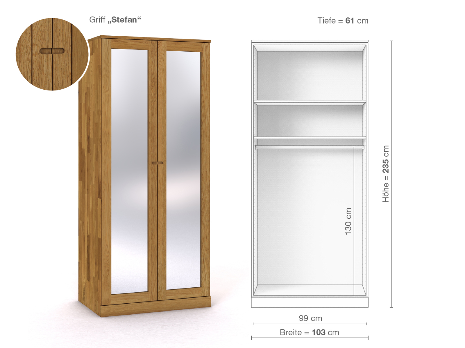 Eichenschrank „Alpenrose“, 2-türig, Höhe 235 cm, Griffausführung „Stefan“, Inneneinrichtung A