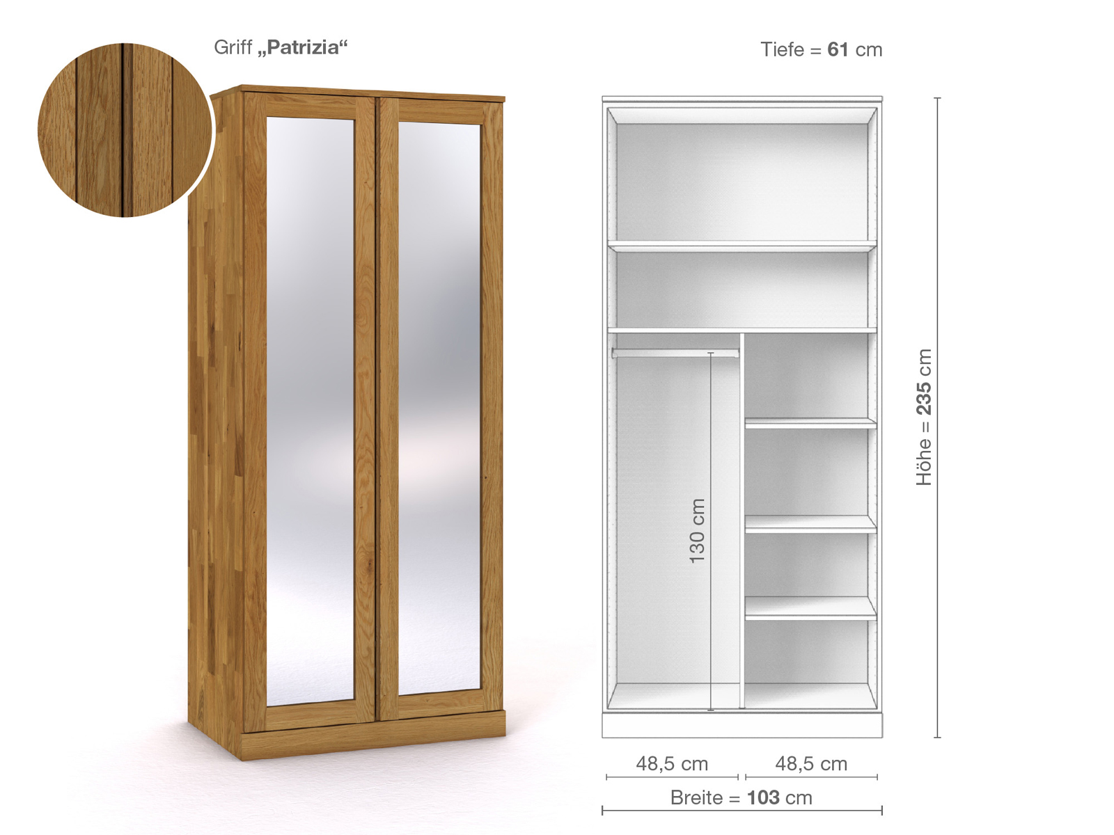 Eichenschrank „Alpenrose“, 2-türig, Höhe 235 cm, Griffausführung „Patrizia“, Inneneinrichtung B