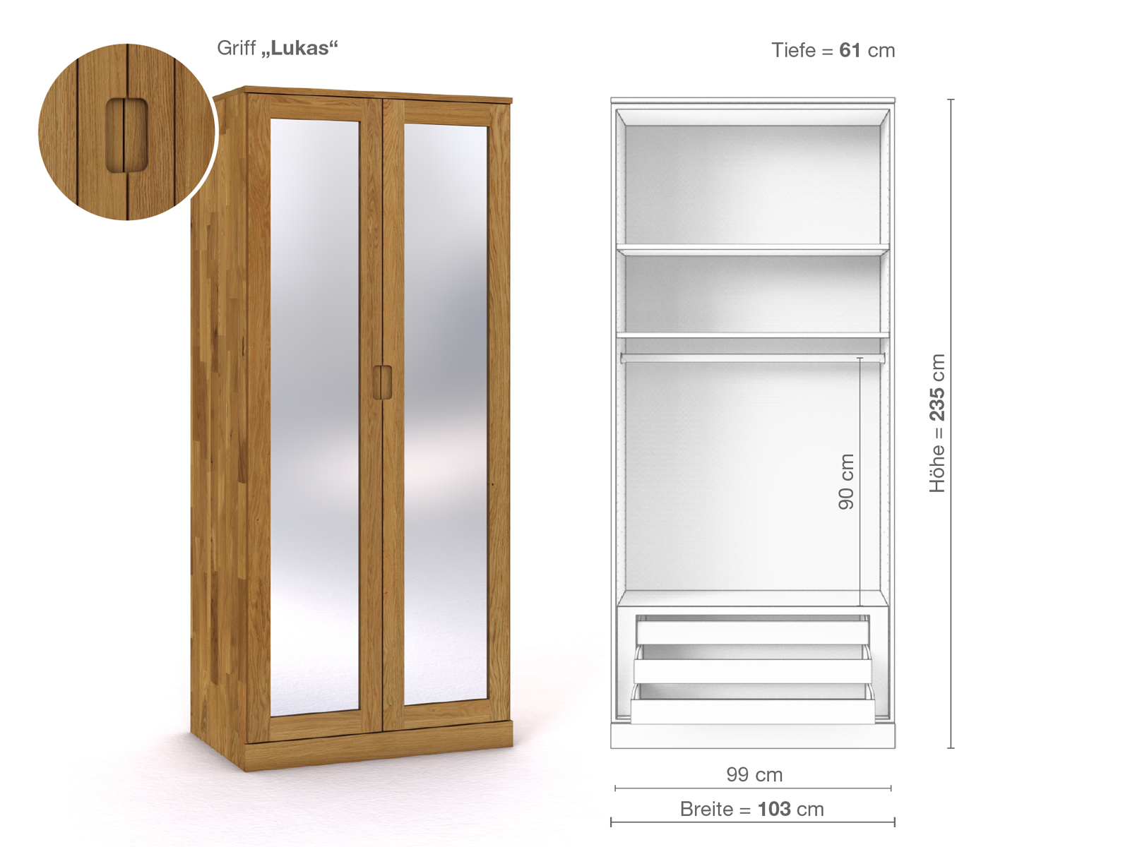 Eichenschrank „Alpenrose“, 2-türig, Höhe 235 cm, Griffausführung „Lukas“, Inneneinrichtung D