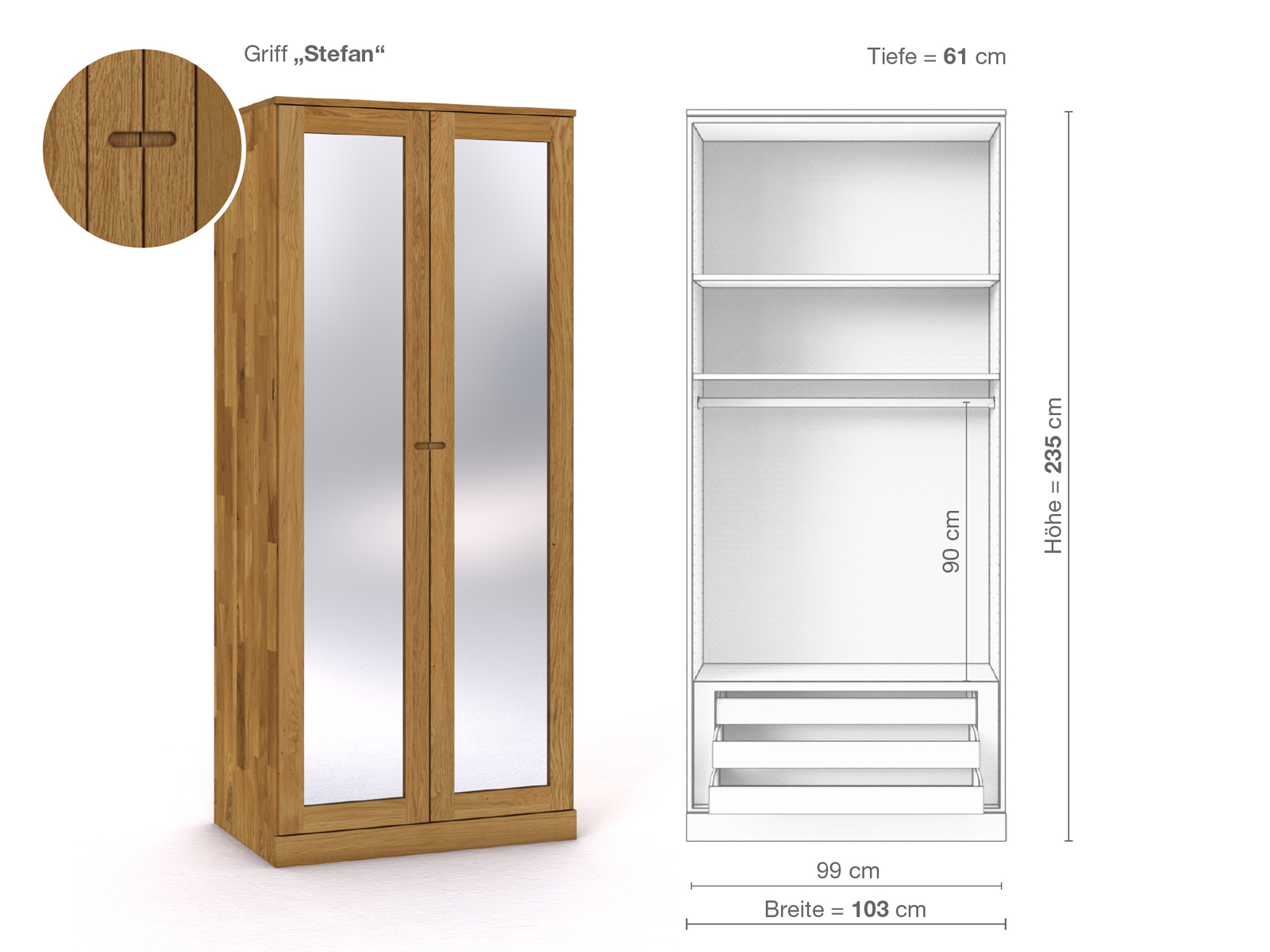 Eichenschrank „Alpenrose“, 2-türig, Höhe 235 cm, Griffausführung „Stefan“, Inneneinrichtung D