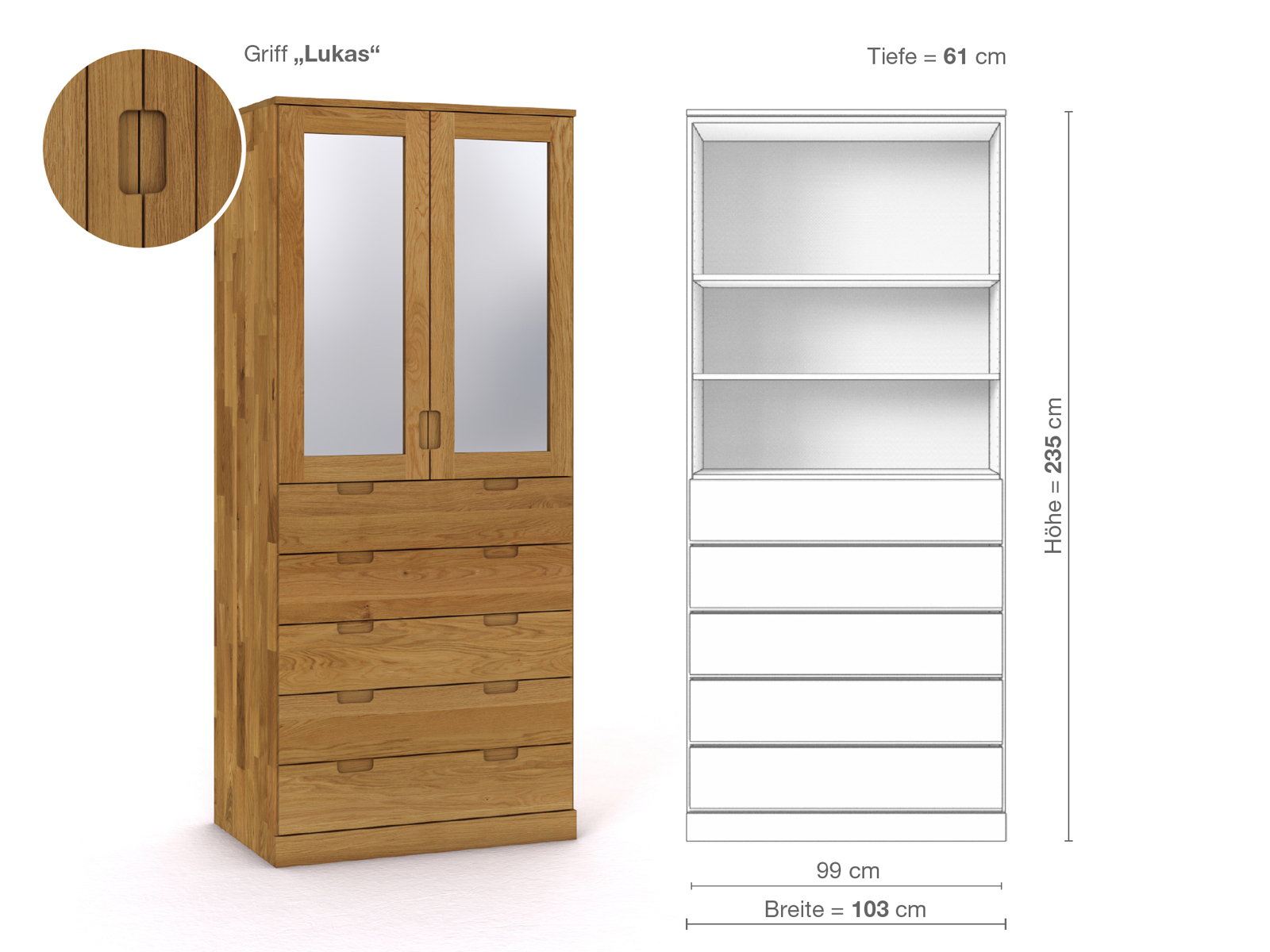 Eichenschrank „Alpenrose“, 2-türig, Höhe 235 cm, Griffausführung „Lukas“, Inneneinrichtung E