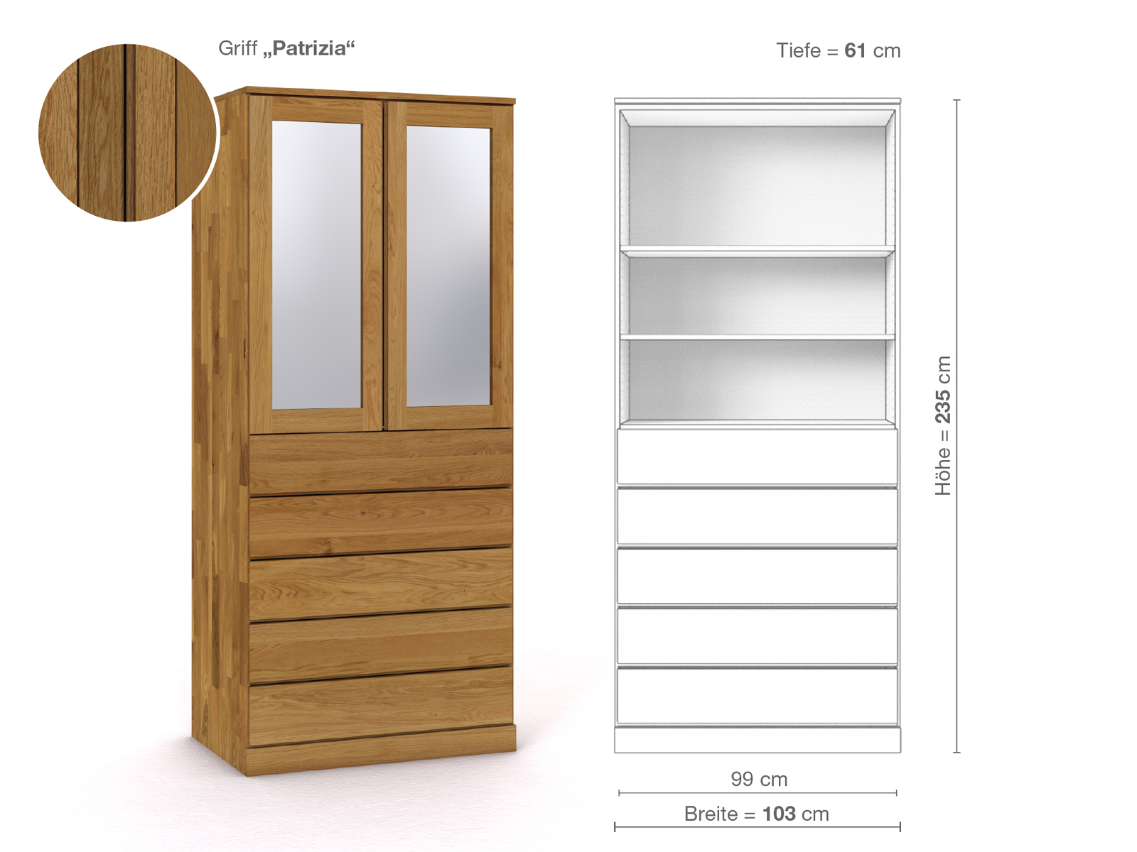 Eichenschrank „Alpenrose“, 2-türig, Höhe 235 cm, Griffausführung „Patrizia“, Inneneinrichtung E