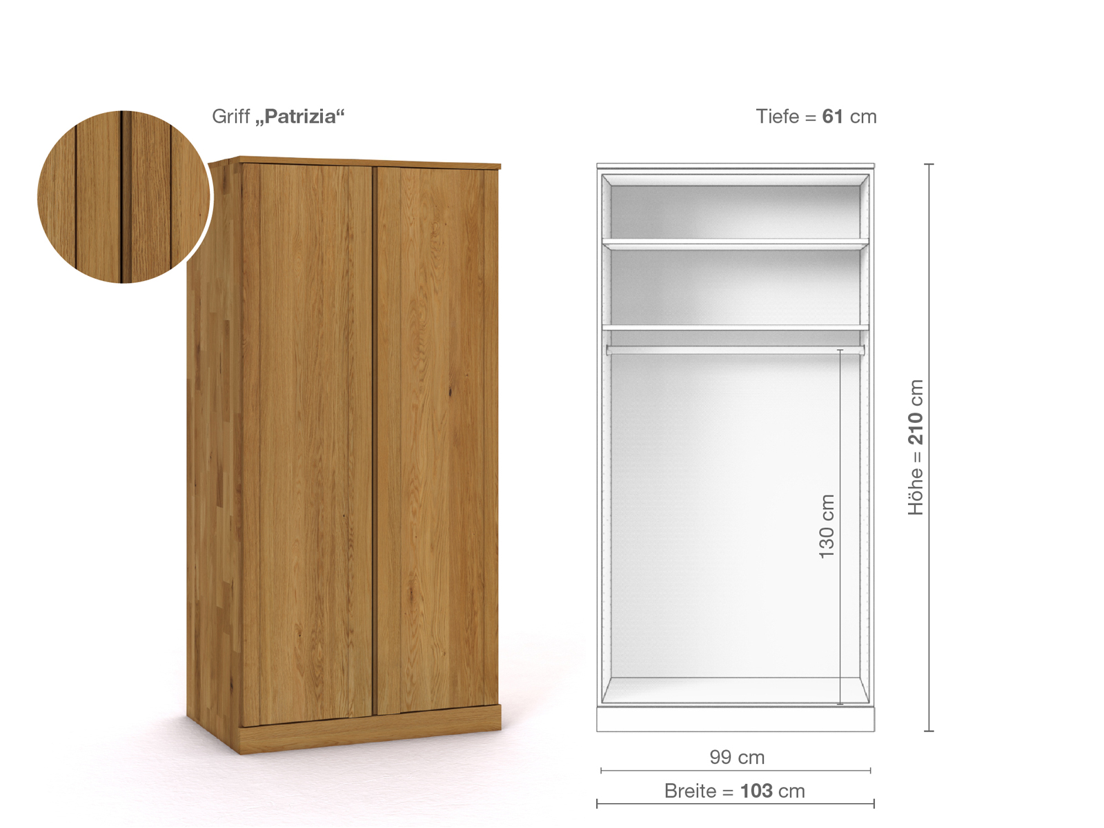 Eichenschrank „Arnika“, 2-türig, Höhe 210 cm, Griffausführung „Patrizia“, Inneneinrichtung A