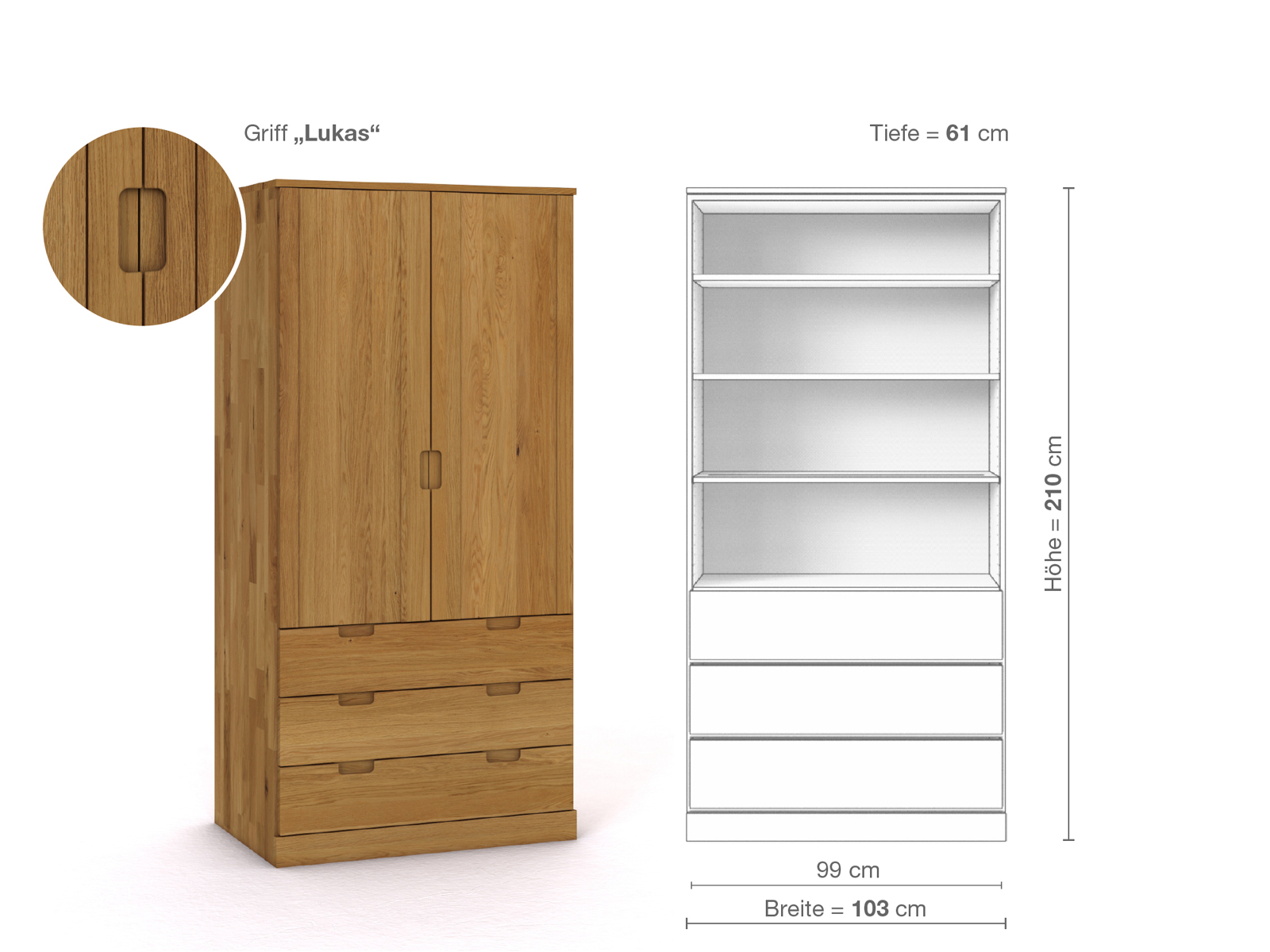 Eichenschrank „Arnika“, 2-türig, Höhe 210 cm, Griffausführung „Lukas“, Inneneinrichtung E