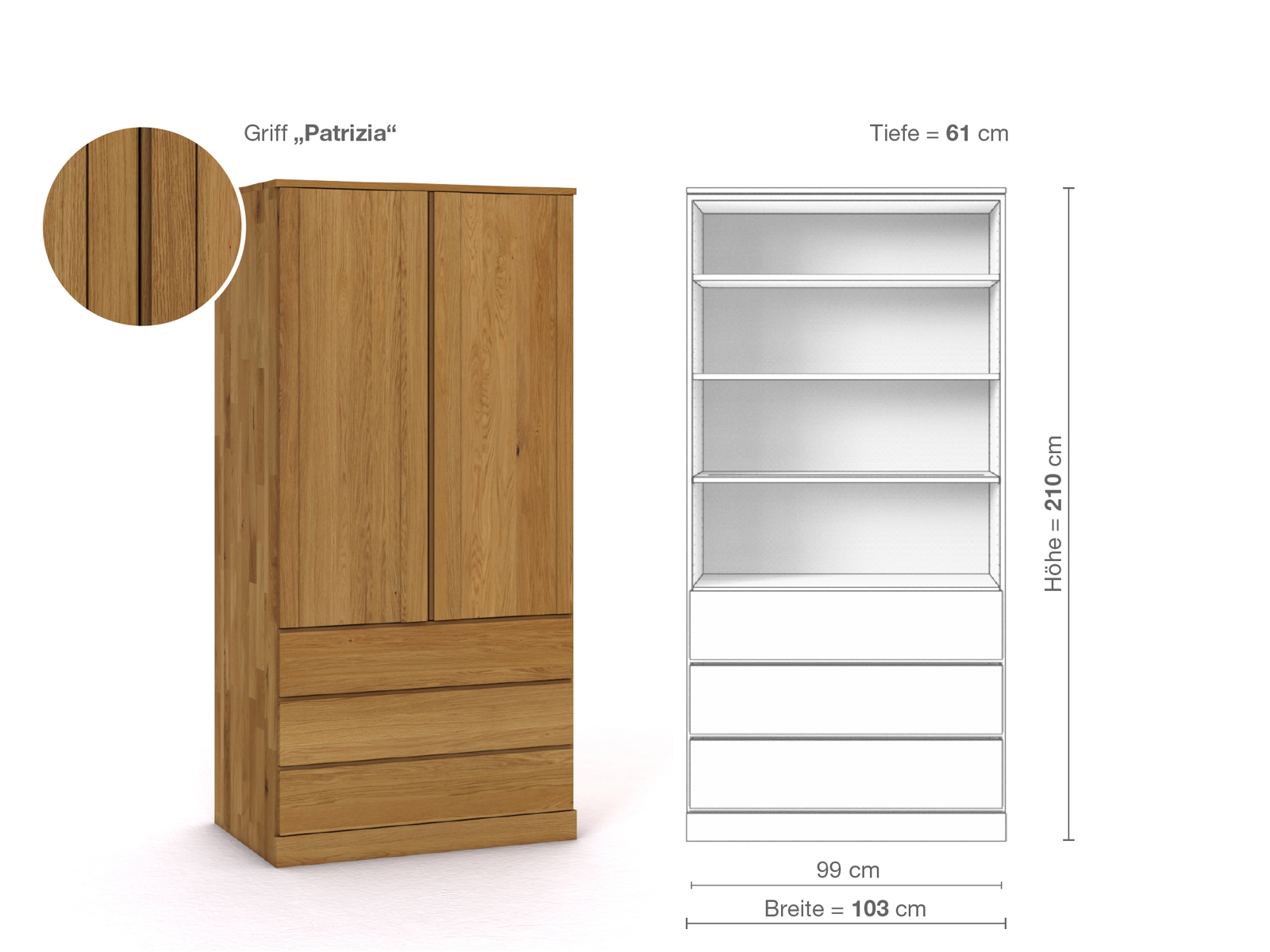 Eichenschrank „Arnika“, 2-türig, Höhe 210 cm, Griffausführung „Patrizia“, Inneneinrichtung E