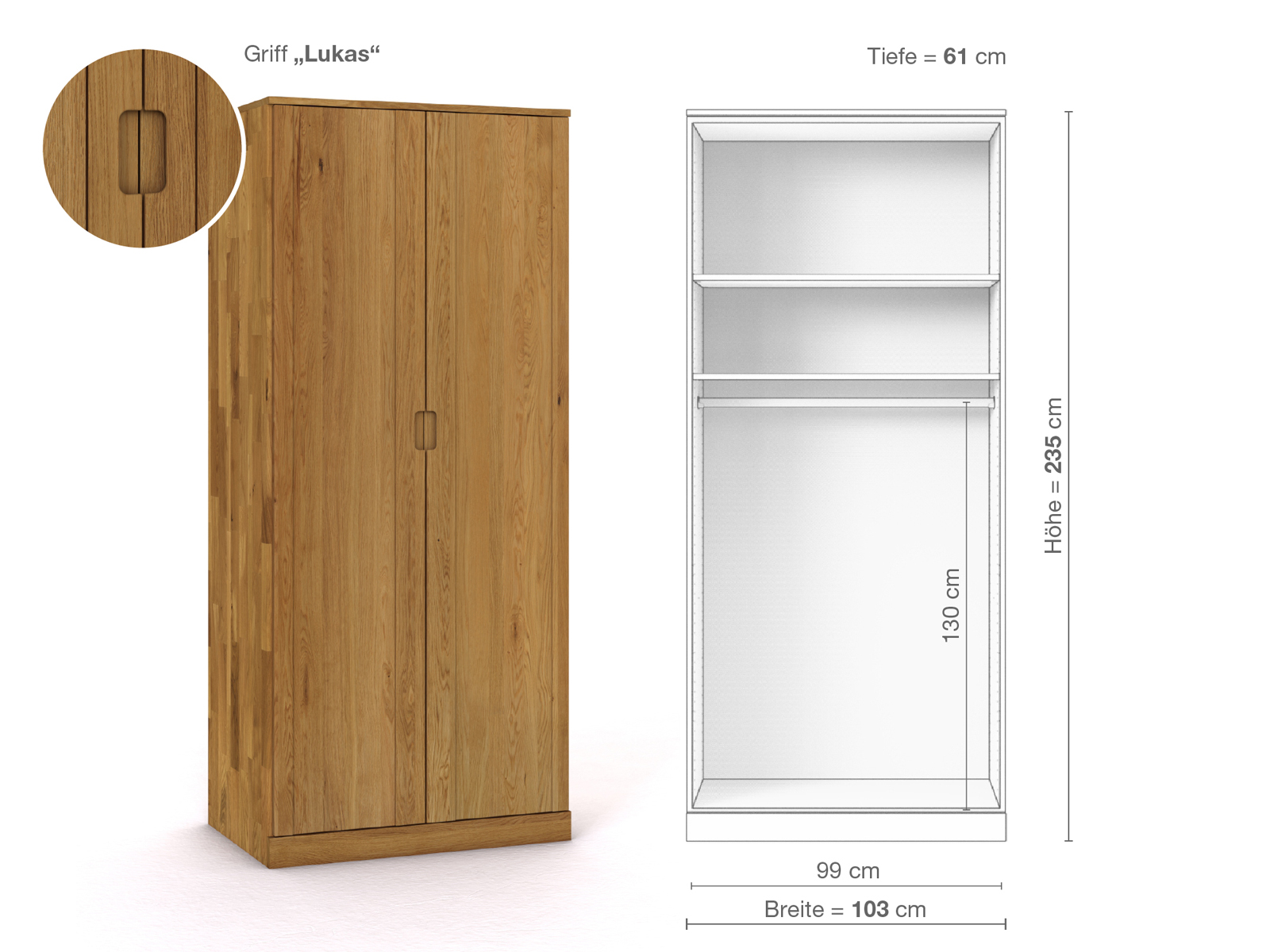 Eichenschrank „Arnika“, 2-türig, Höhe 235 cm, Griffausführung „Lukas“, Inneneinrichtung A