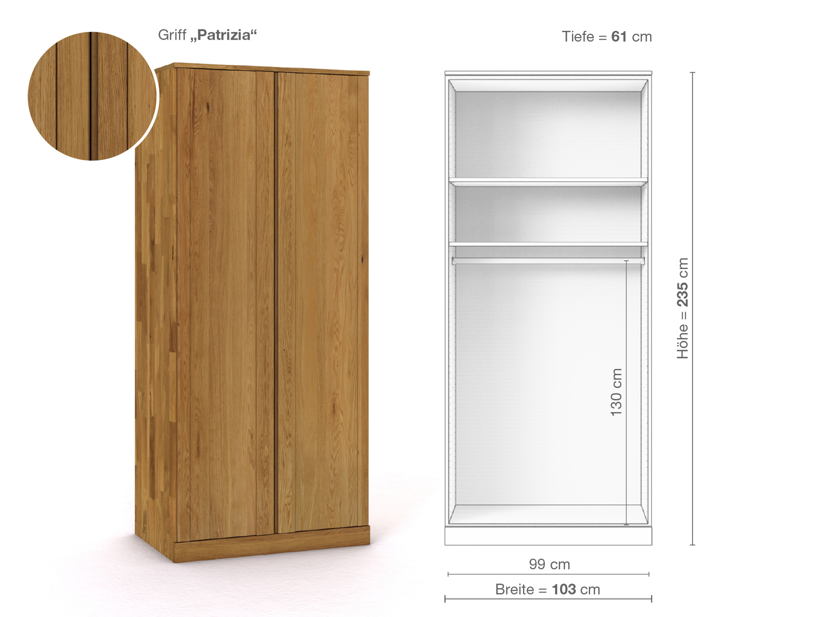 Eichenschrank „Arnika“, 2-türig, Höhe 235 cm, Griffausführung „Patrizia“, Inneneinrichtung A