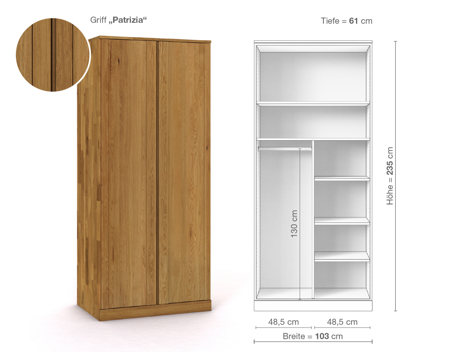 Eichenschrank „Arnika“, 2-türig, Höhe 235 cm, Griffausführung „Patrizia“, Inneneinrichtung B