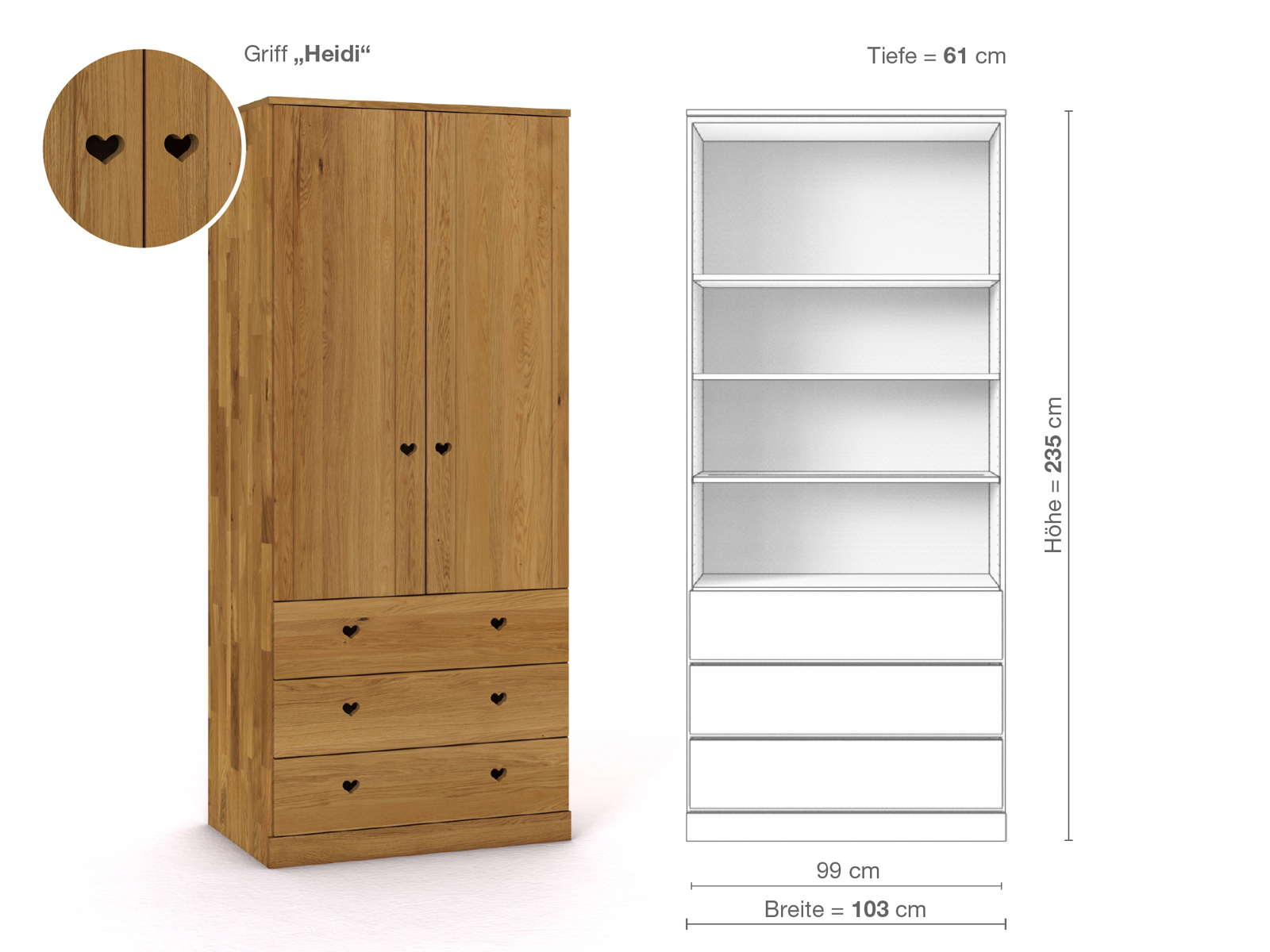 Eichenschrank „Arnika“, 2-türig, Höhe 235 cm, Griffausführung „Heidi“, Inneneinrichtung E