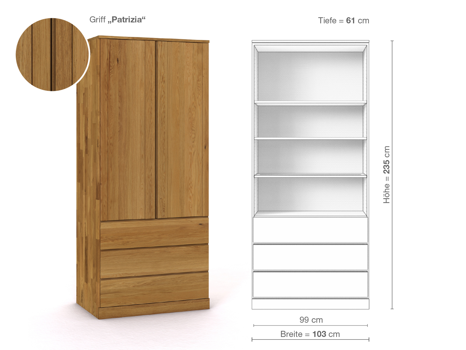 Eichenschrank „Arnika“, 2-türig, Höhe 235 cm, Griffausführung „Patrizia“, Inneneinrichtung E