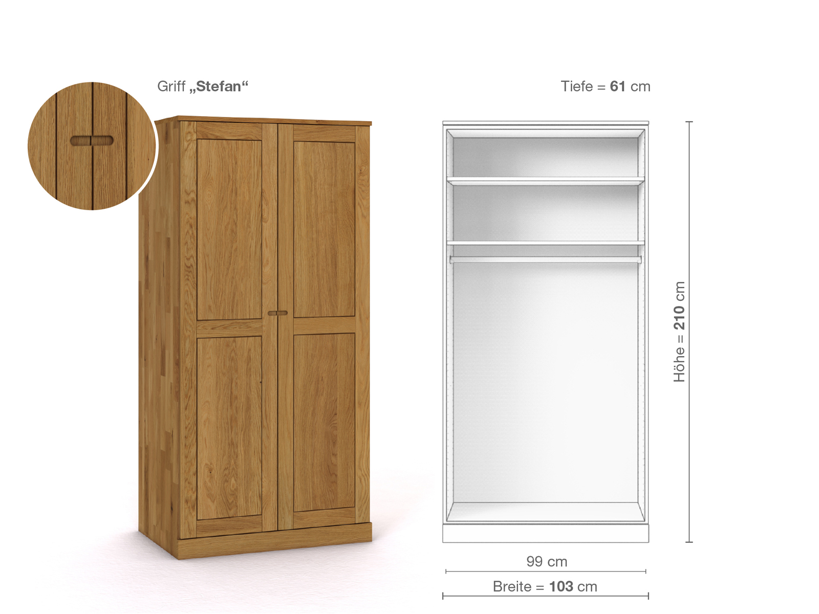 Eichenschrank „Edelweiß“, 2-türig, Höhe 210 cm, Griffausführung „Stefan“, Inneneinrichtung A