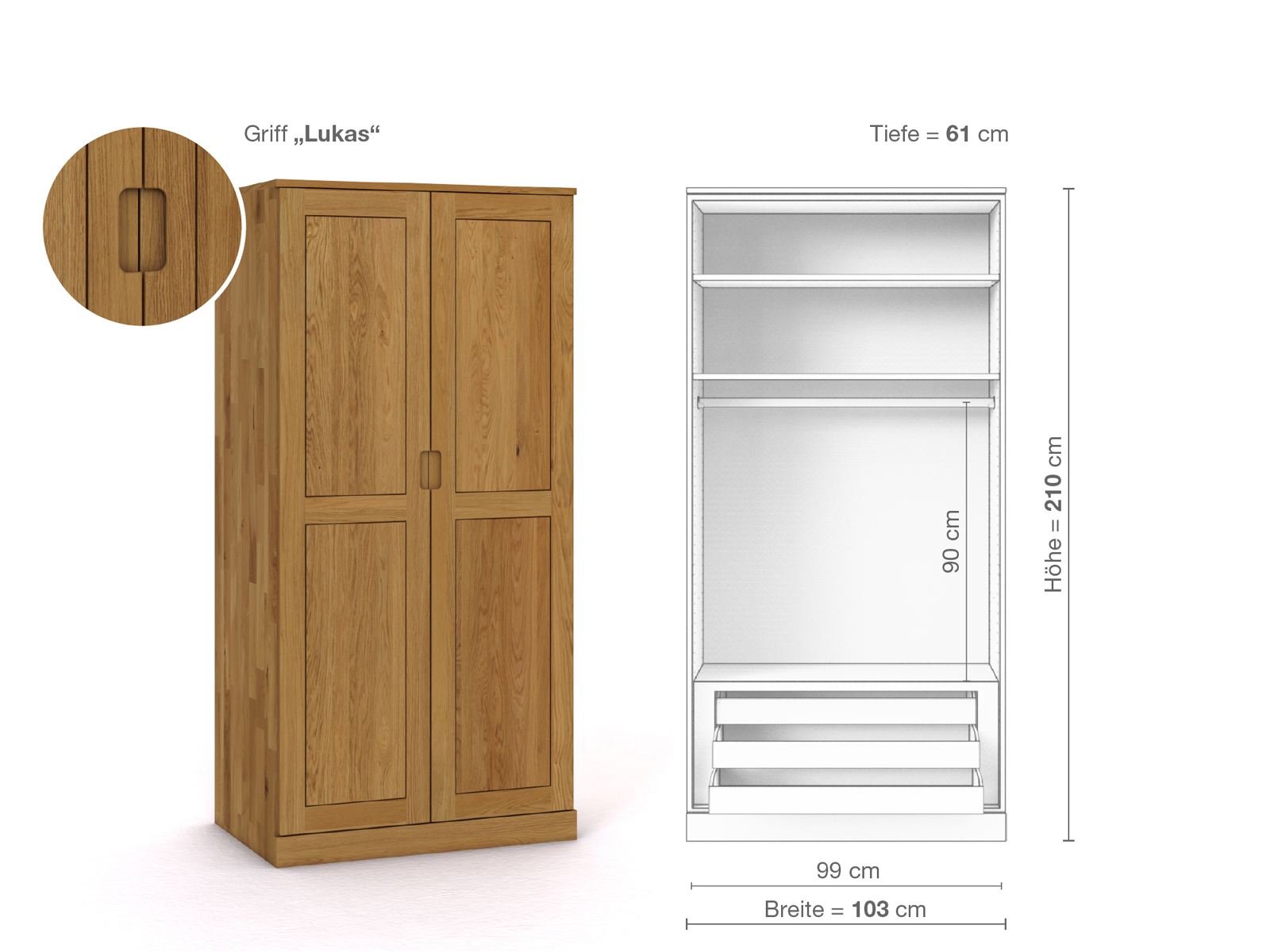 Eichenschrank „Edelweiß“, 2-türig, Höhe 210 cm, Griffausführung „Lukas“, Inneneinrichtung D