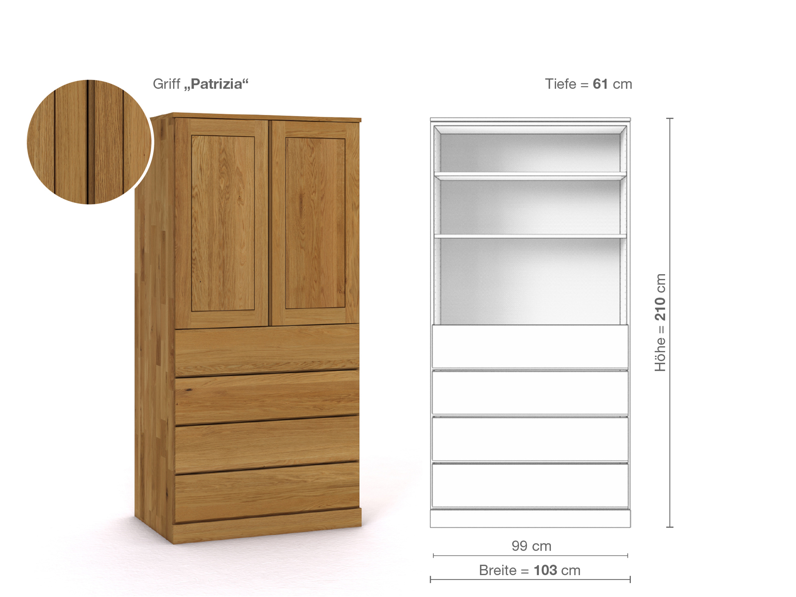 Eichenschrank „Edelweiß“, 2-türig, Höhe 210 cm, Griffausführung „Patrizia“, Inneneinrichtung E