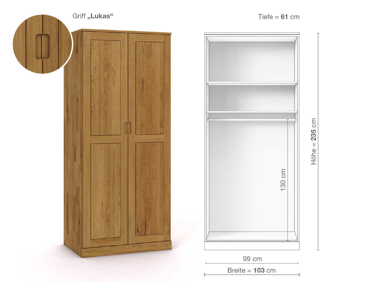 Eichenschrank „Edelweiß“, 2-türig, Höhe 235 cm, Griffausführung „Lukas“, Inneneinrichtung A