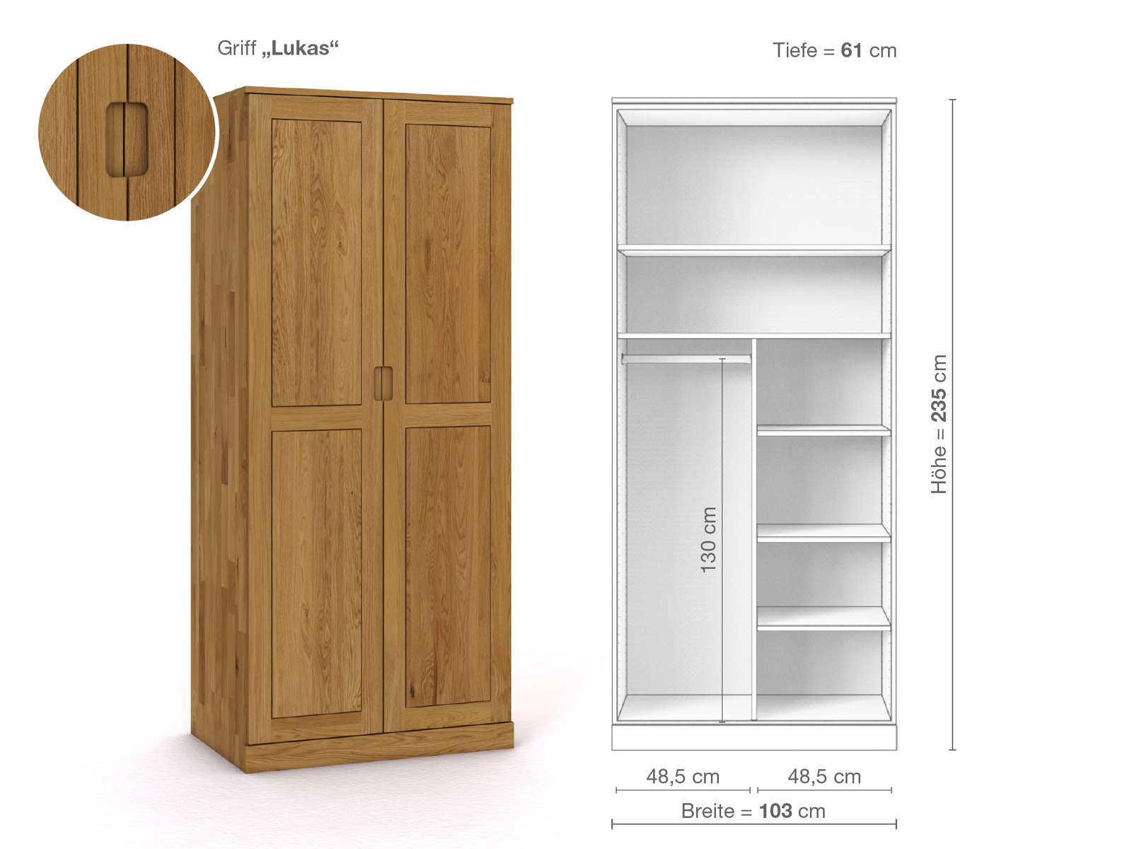 Eichenschrank „Edelweiß“, 2-türig, Höhe 235 cm, Griffausführung „Lukas“, Inneneinrichtung B