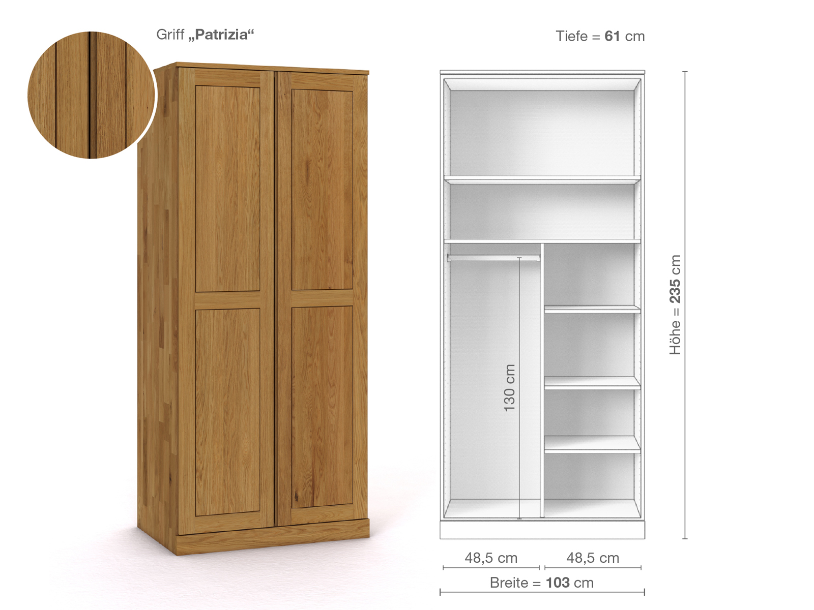 Eichenschrank „Edelweiß“, 2-türig, Höhe 235 cm, Griffausführung „Patrizia“, Inneneinrichtung B