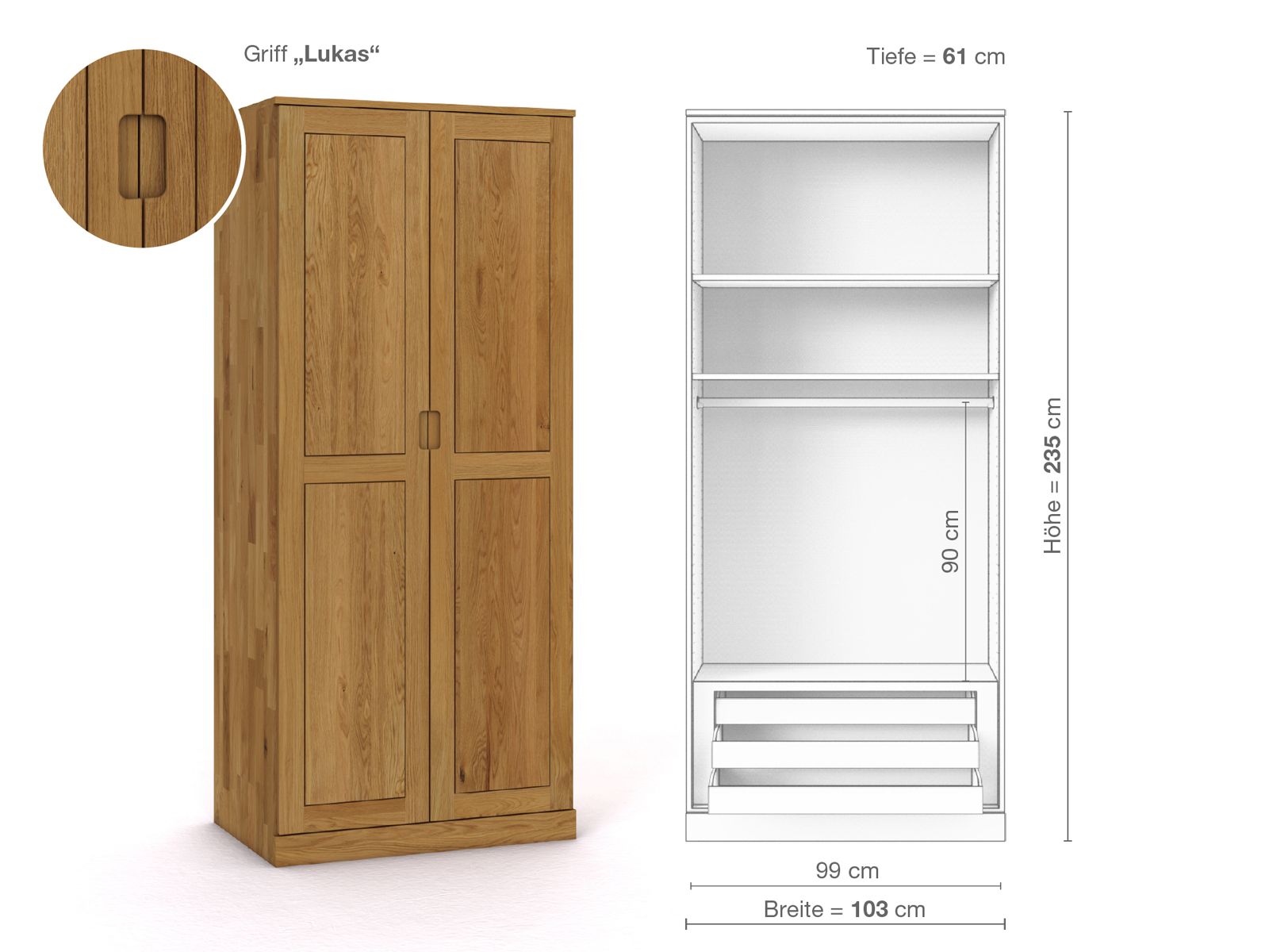 Eichenschrank „Edelweiß“, 2-türig, Höhe 235 cm, Griffausführung „Lukas“, Inneneinrichtung D