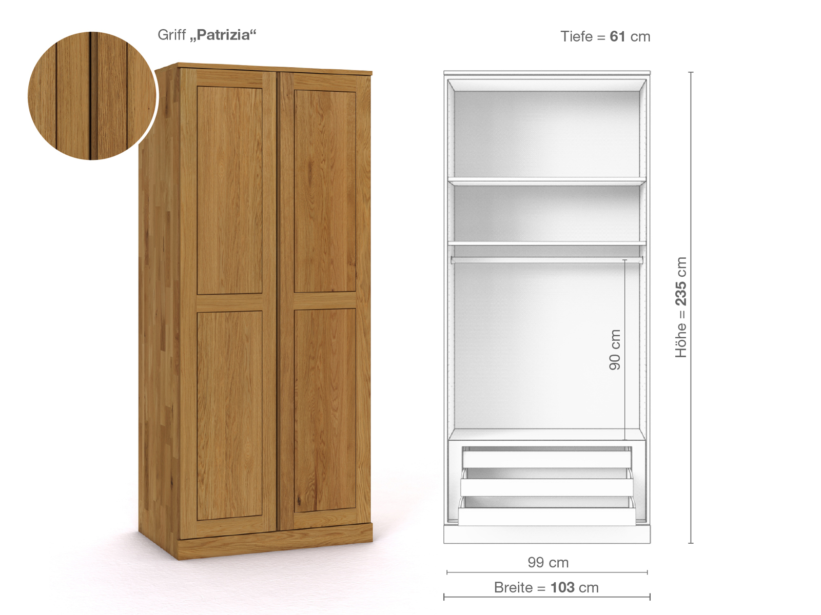 Eichenschrank „Edelweiß“, 2-türig, Höhe 235 cm, Griffausführung „Patrizia“, Inneneinrichtung D