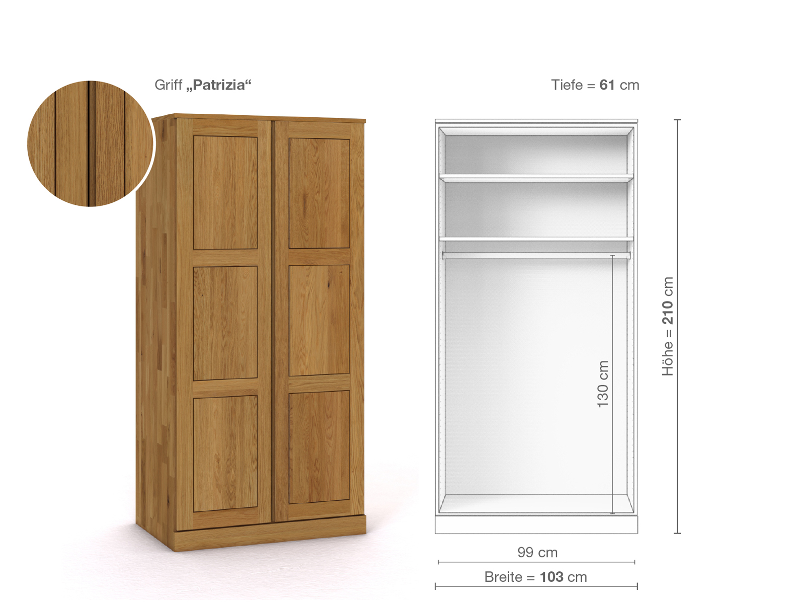 Eichenschrank „Enzian“, 2-türig, Höhe 210 cm, Griffausführung „Patrizia“, Inneneinrichtung A