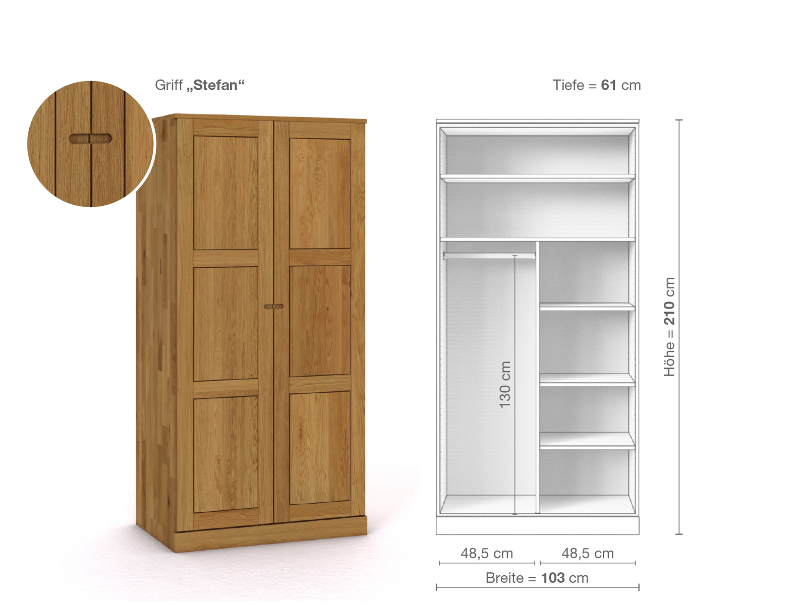 Eichenschrank „Enzian“, 2-türig, Höhe 210 cm, Griffausführung „Stefan“, Inneneinrichtung B