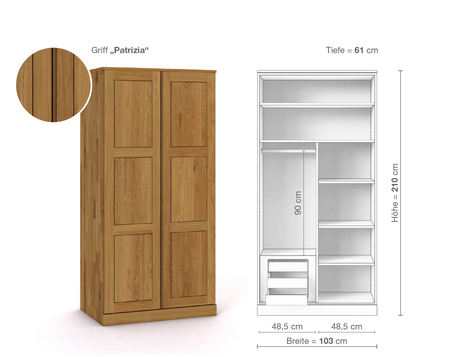 Eichenschrank „Enzian“, 2-türig, Höhe 210 cm, Griffausführung „Patrizia“, Inneneinrichtung C