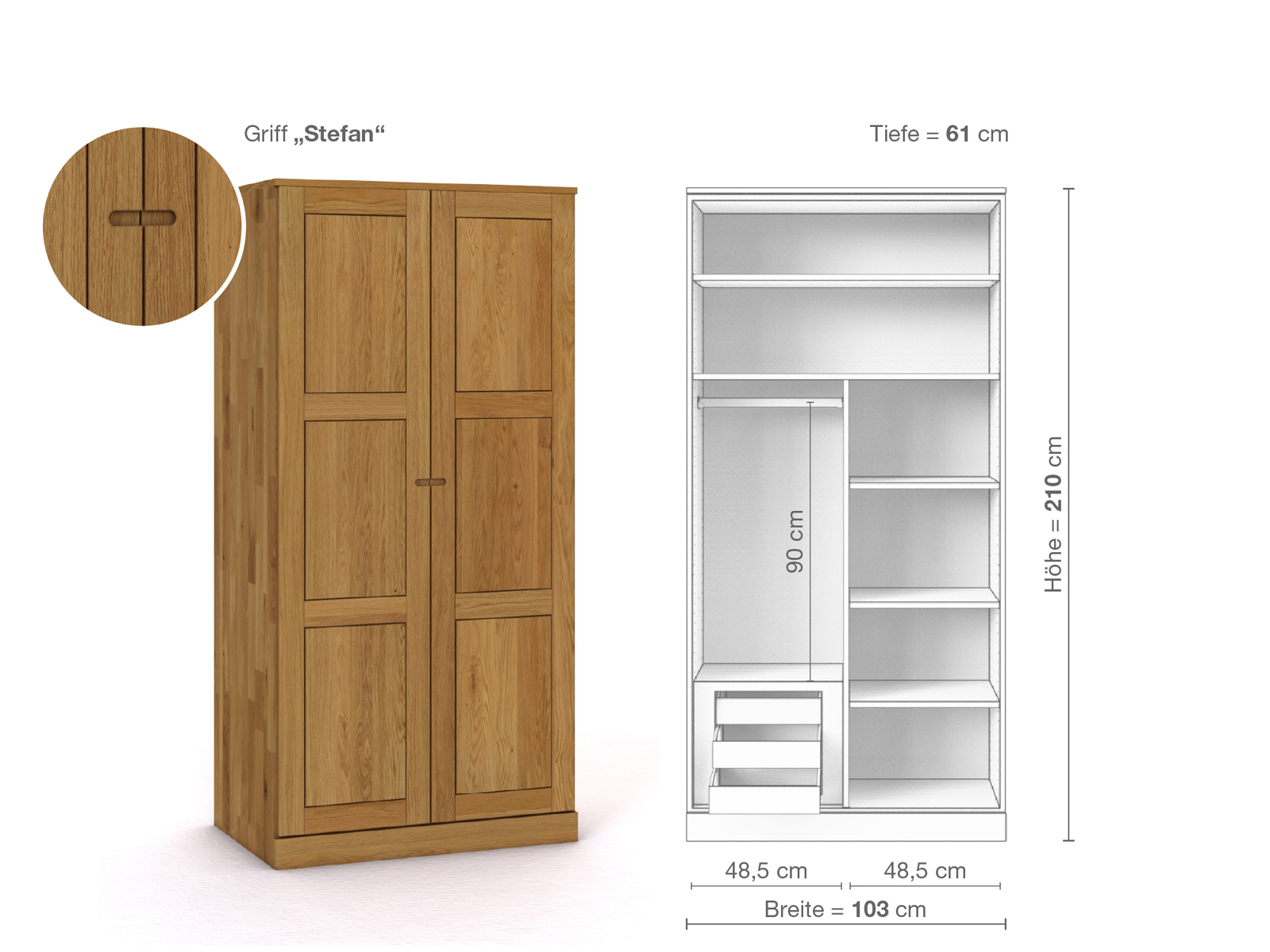 Eichenschrank „Enzian“, 2-türig, Höhe 210 cm, Griffausführung „Stefan“, Inneneinrichtung C