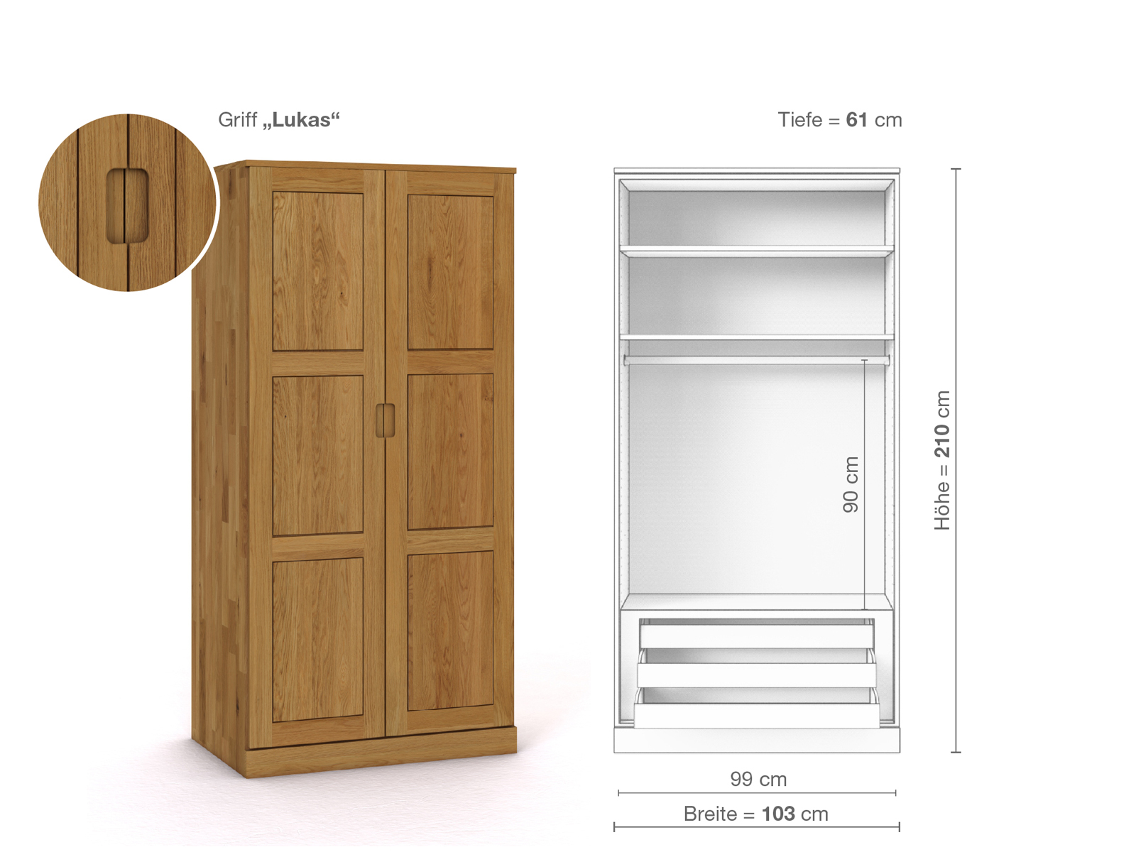 Eichenschrank „Enzian“, 2-türig, Höhe 210 cm, Griffausführung „Lukas“, Inneneinrichtung D