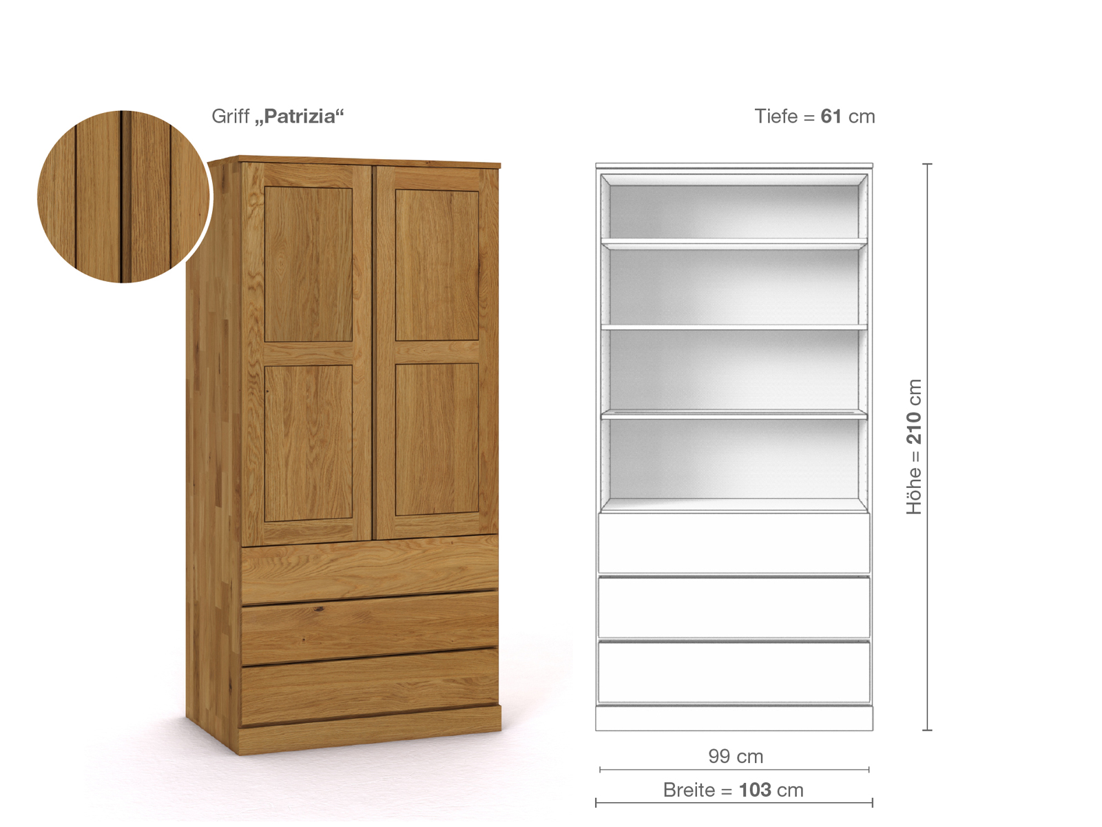 Eichenschrank „Enzian“, 2-türig, Höhe 210 cm, Griffausführung „Patrizia“, Inneneinrichtung E