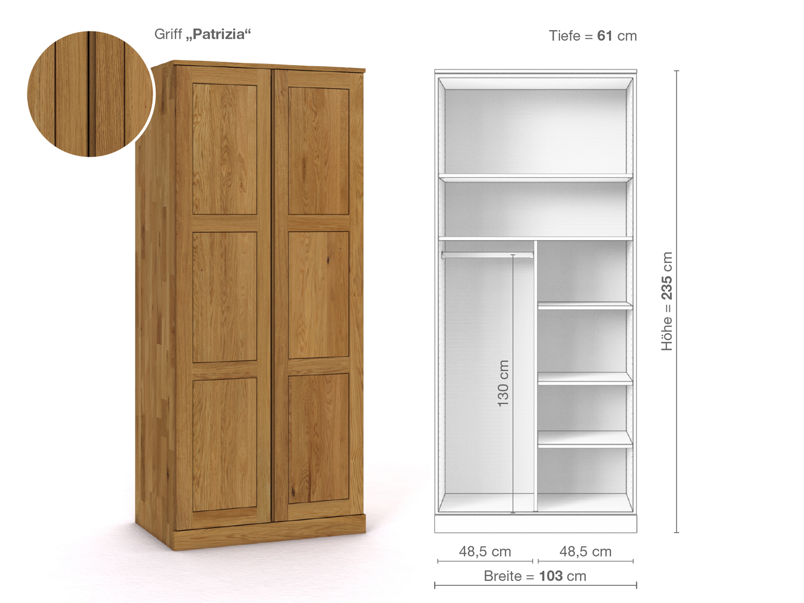 Eichenschrank „Enzian“, 2-türig, Höhe 235 cm, Griffausführung „Patrizia“, Inneneinrichtung B