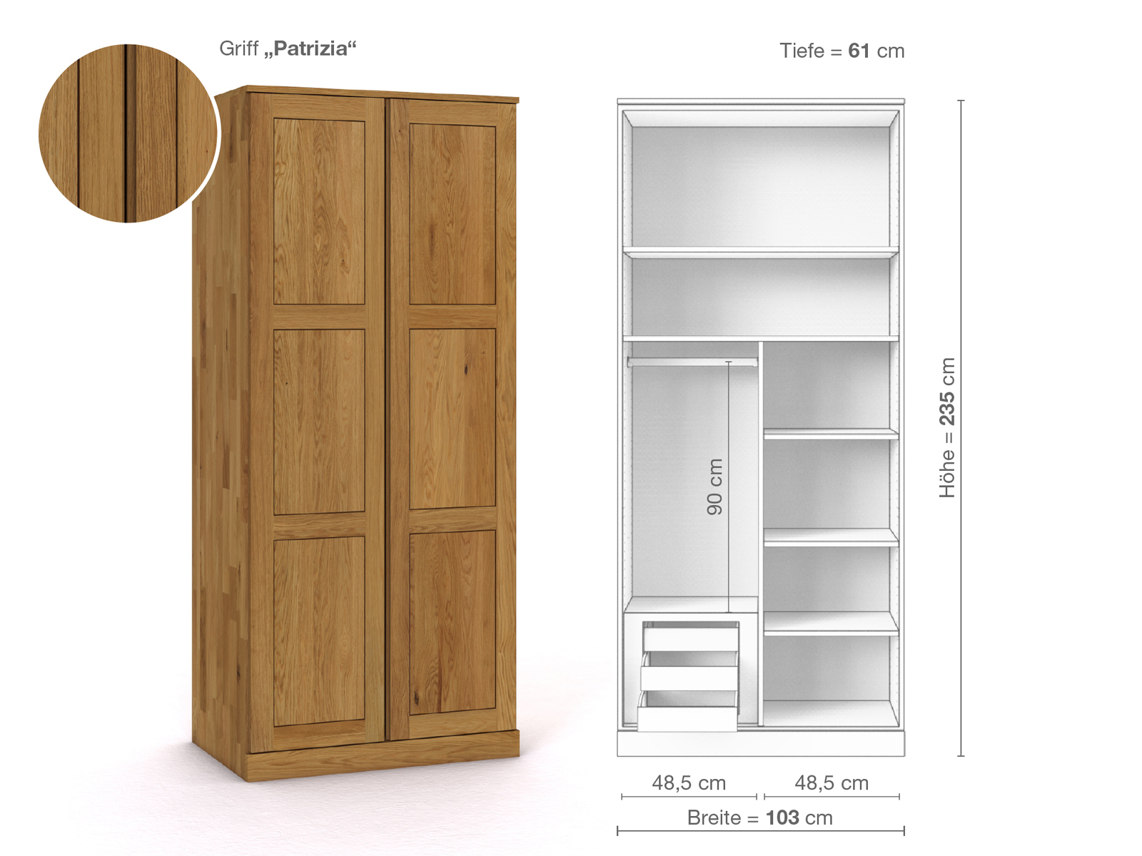 Eichenschrank „Enzian“, 2-türig, Höhe 235 cm, Griffausführung „Patrizia“, Inneneinrichtung C