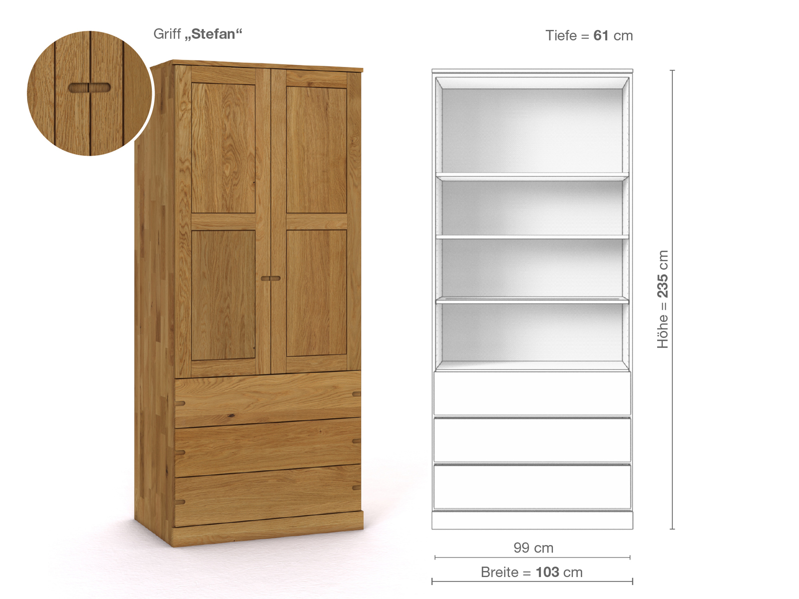 Eichenschrank „Enzian“, 2-türig, Höhe 235 cm, Griffausführung „Stefan“, Inneneinrichtung E