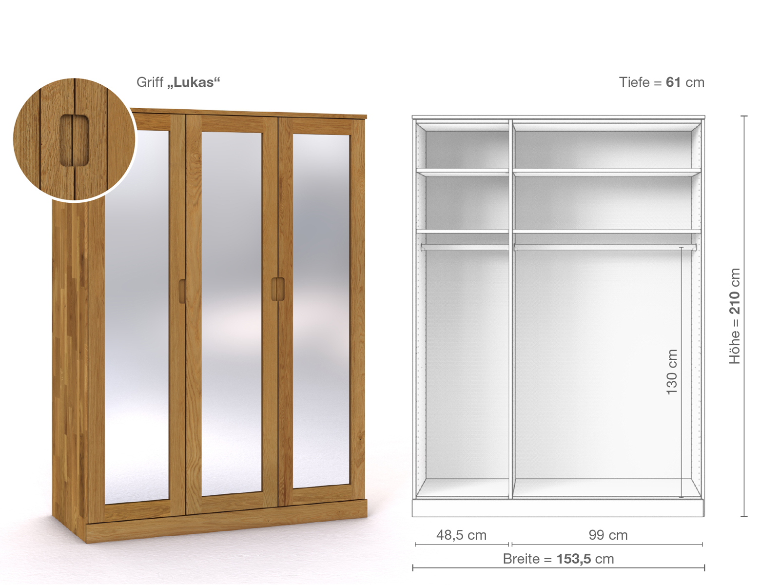 Eichenschrank „Alpenrose“, 3-türig, Höhe 210 cm, Griffausführung „Lukas“, Inneneinrichtung A