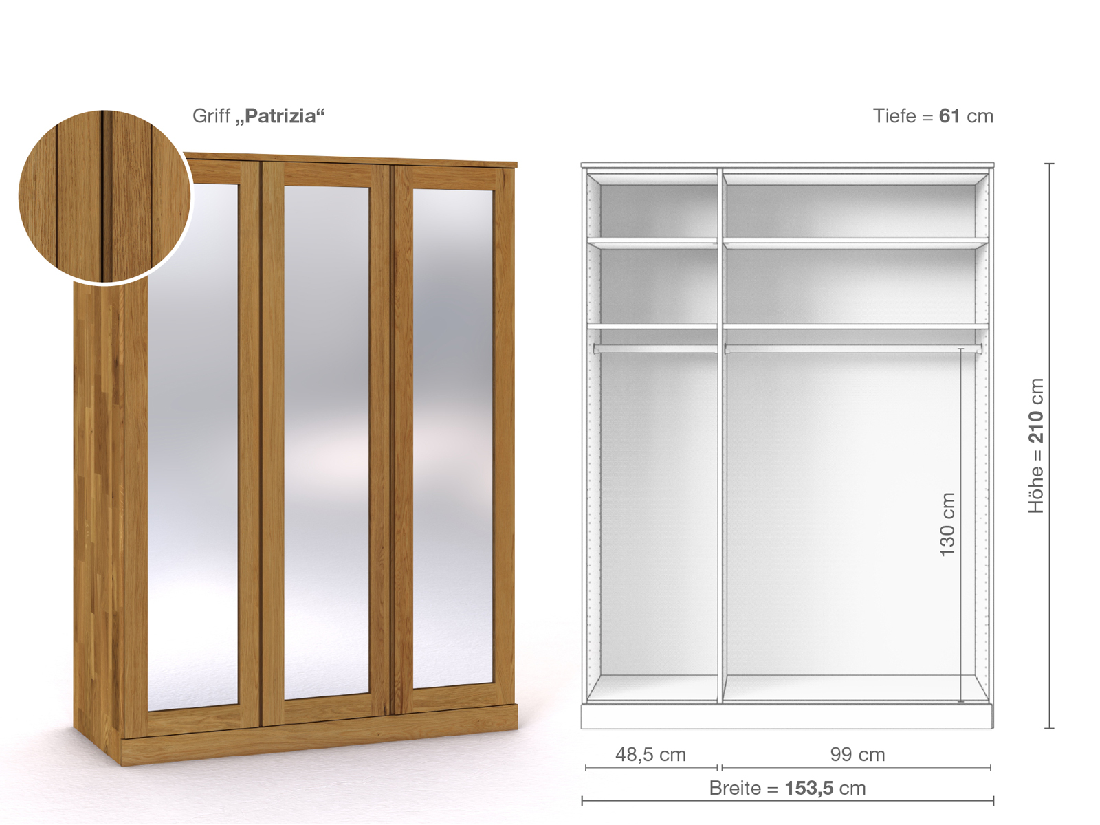 Eichenschrank „Alpenrose“, 3-türig, Höhe 210 cm, Griffausführung „Patrizia“, Inneneinrichtung A