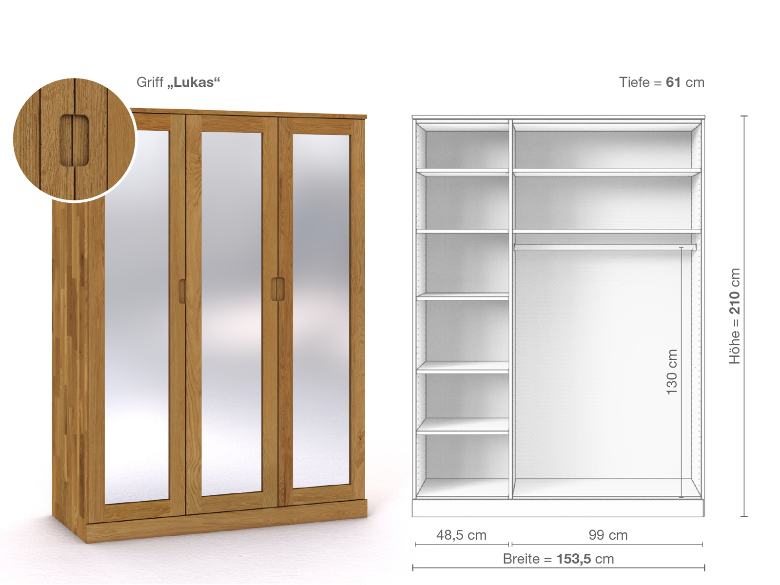 Eichenschrank „Alpenrose“, 3-türig, Höhe 210 cm, Griffausführung „Lukas“, Inneneinrichtung B