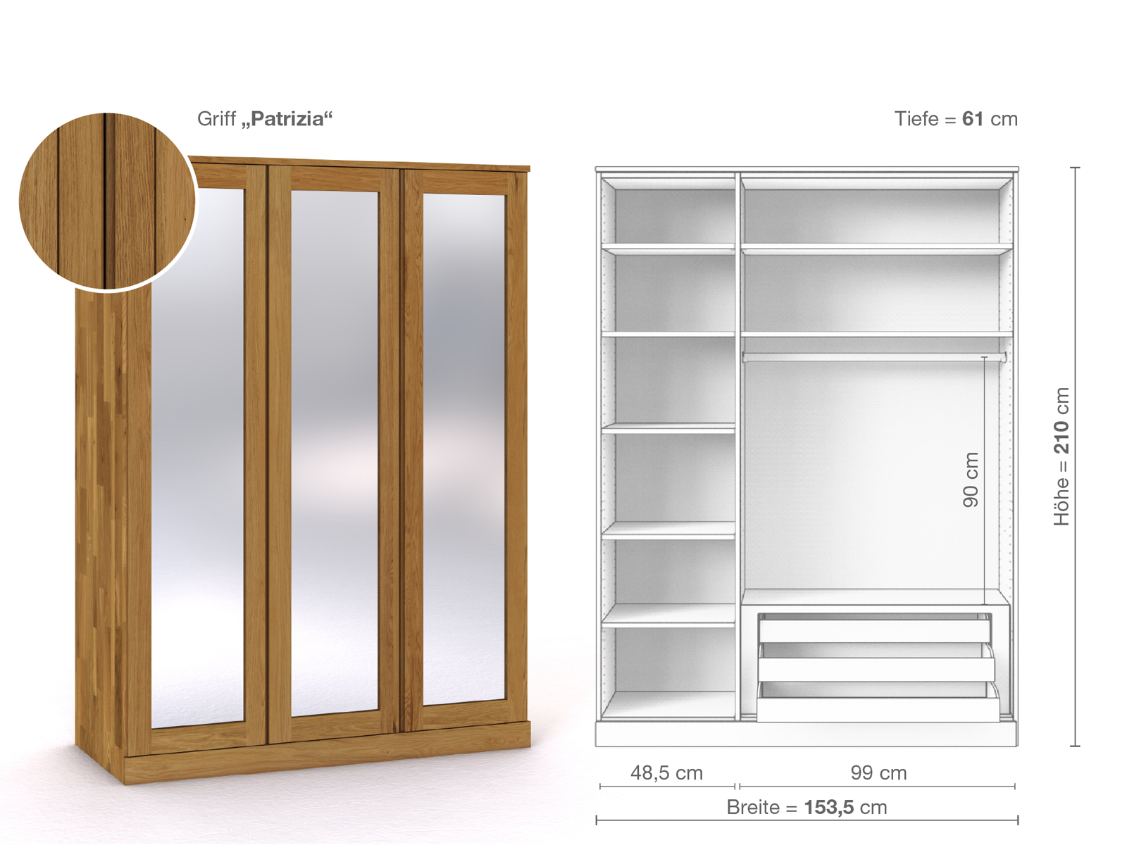 Eichenschrank „Alpenrose“, 3-türig, Höhe 210 cm, Griffausführung „Patrizia“, Inneneinrichtung C