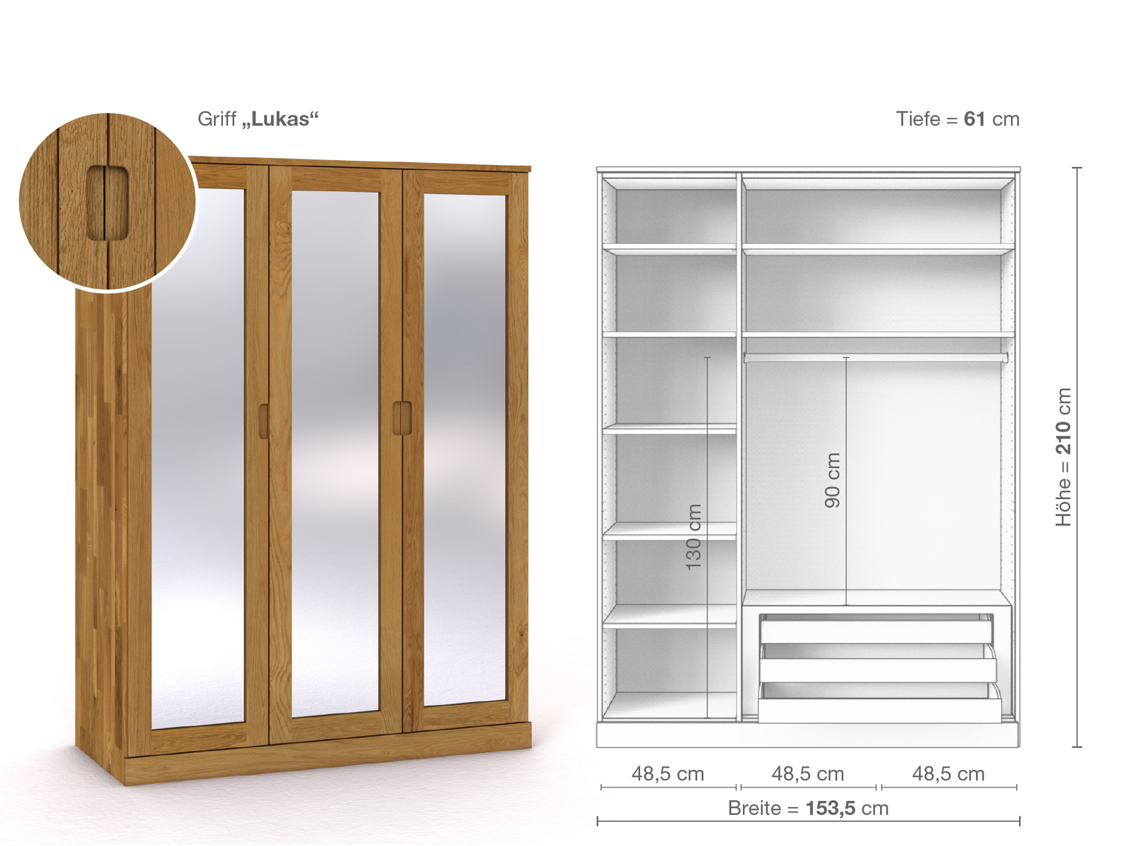 Eichenschrank „Alpenrose“, 3-türig, Höhe 210 cm, Griffausführung „Lukas“, Inneneinrichtung D