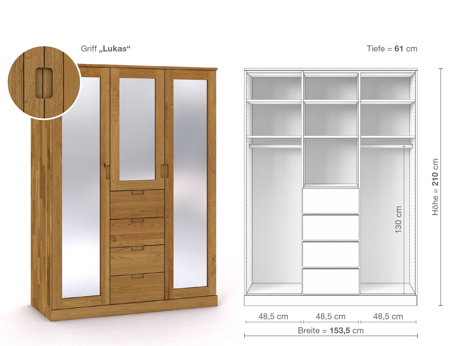 Eichenschrank „Alpenrose“, 3-türig, Höhe 210 cm, Griffausführung „Lukas“, Inneneinrichtung E