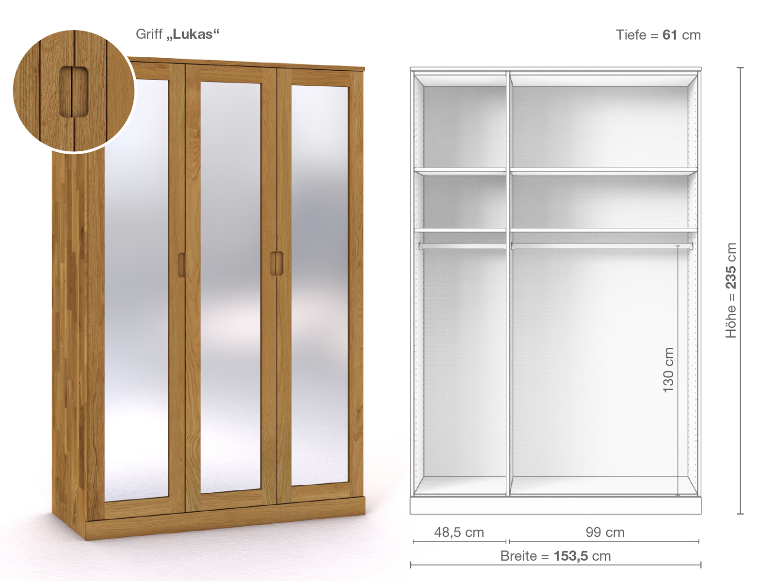 Eichenschrank „Alpenrose“, 3-türig, Höhe 235 cm, Griffausführung „Lukas“, Inneneinrichtung A