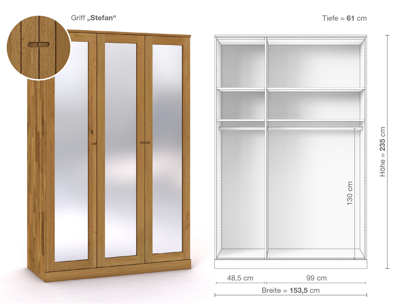 Eichenschrank „Alpenrose“, 3-türig, Höhe 235 cm, Griffausführung „Stefan“, Inneneinrichtung A