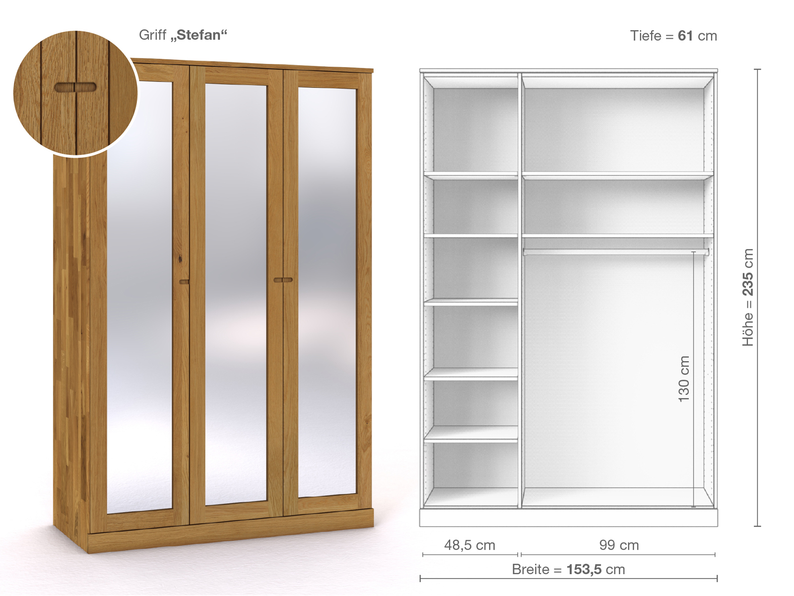 Eichenschrank „Alpenrose“, 3-türig, Höhe 235 cm, Griffausführung „Stefan“, Inneneinrichtung B