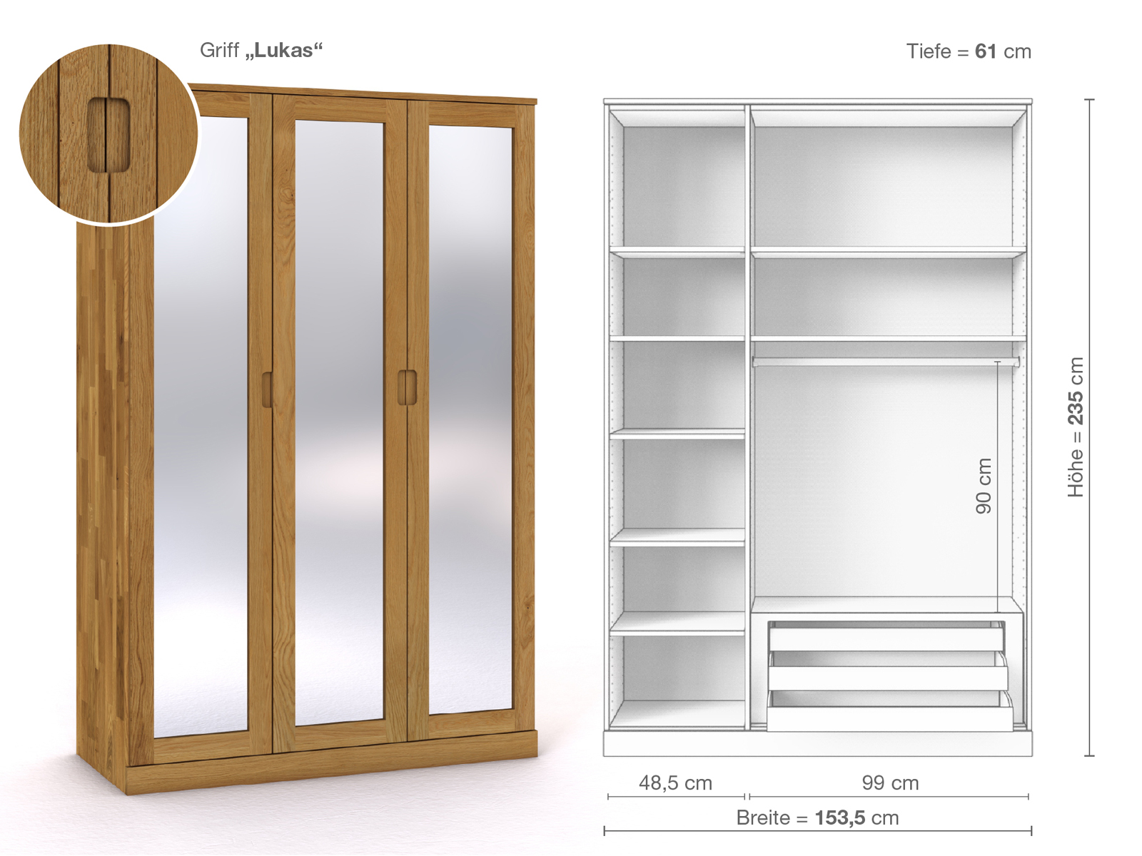 Eichenschrank „Alpenrose“, 3-türig, Höhe 235 cm, Griffausführung „Lukas“, Inneneinrichtung C