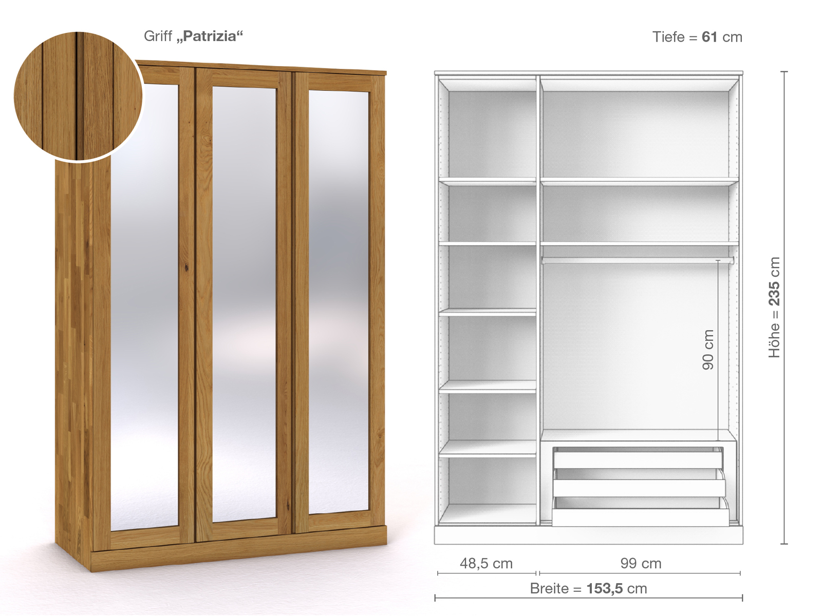 Eichenschrank „Alpenrose“, 3-türig, Höhe 235 cm, Griffausführung „Patrizia“, Inneneinrichtung C